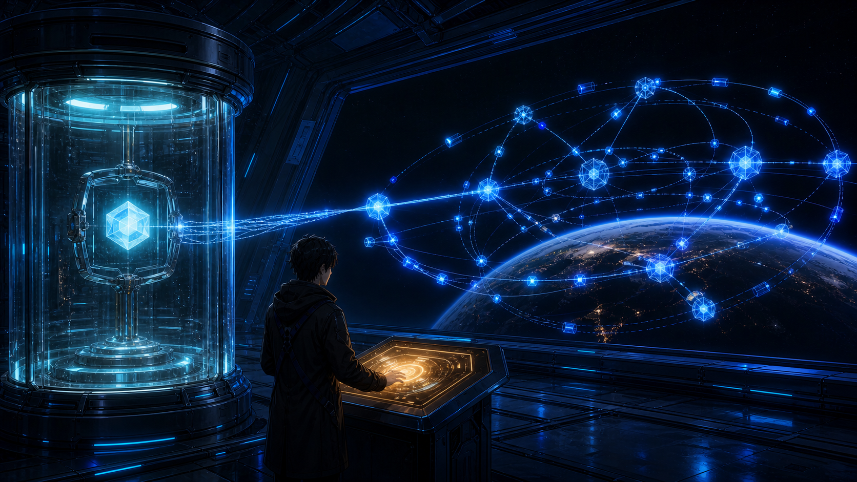 An immutable archive crystal remains fixed while its relationship to a live production constellation changes