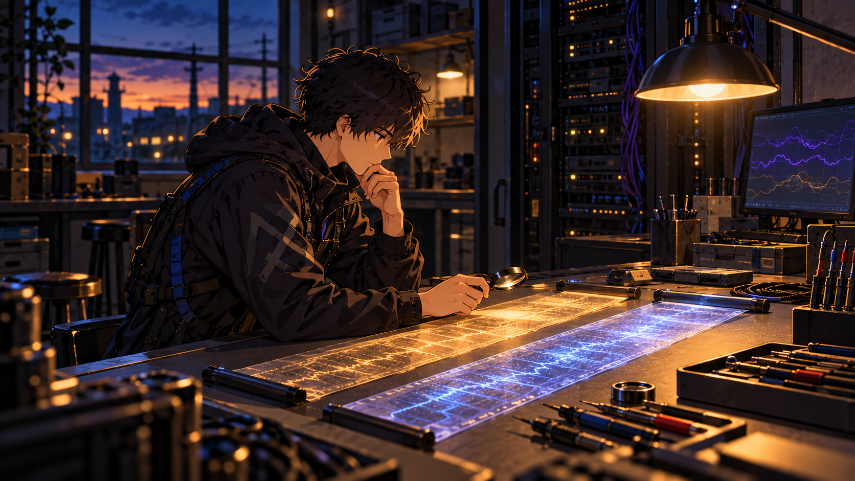 A dark-haired engineer compares diagnostic traces at an evidence bench in a blue and amber operations room.