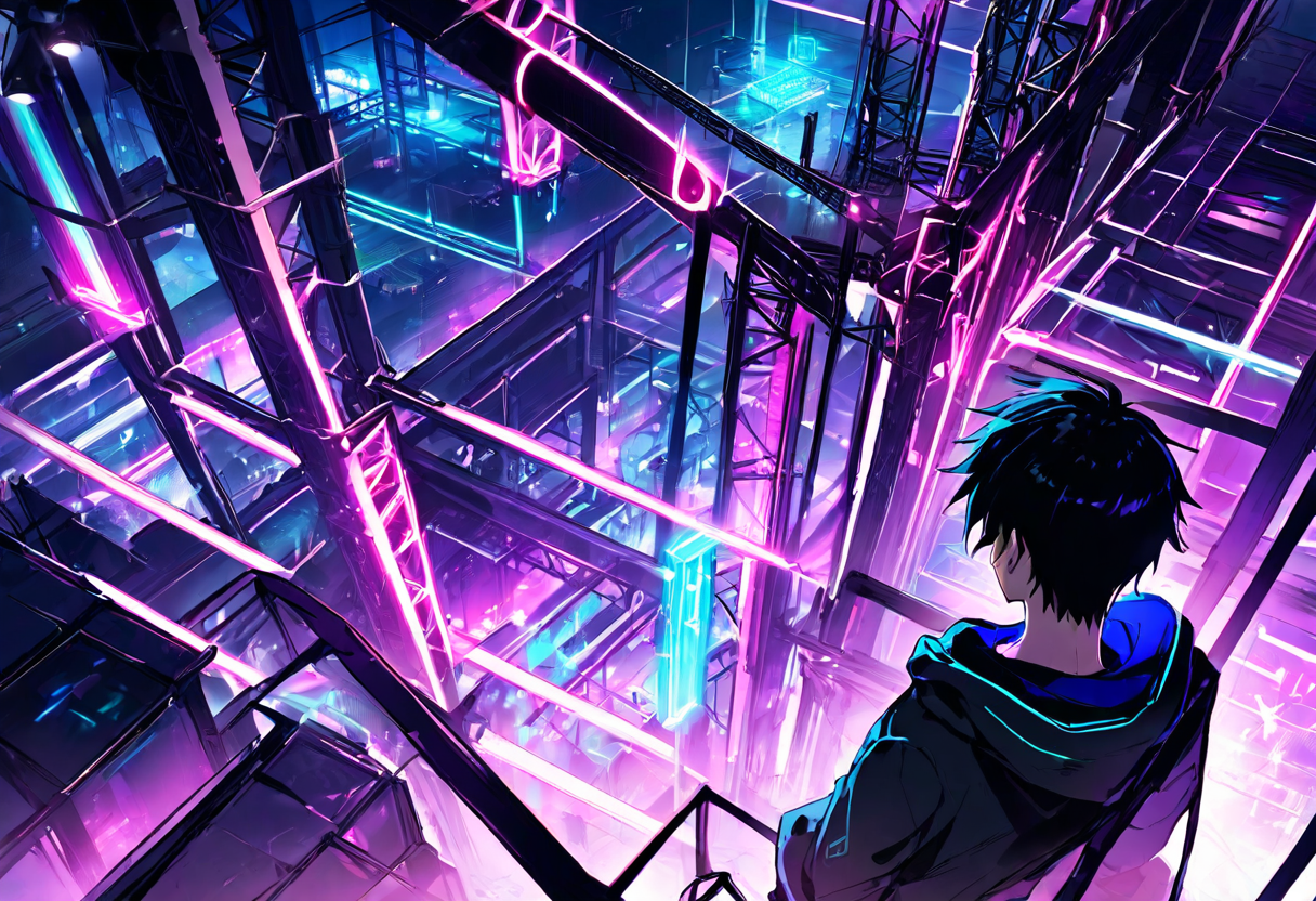A hooded engineer standing on a high catwalk at night, overlooking an enormous glowing skeletal framework under construction below — rebuilding the skeleton without stopping the heart