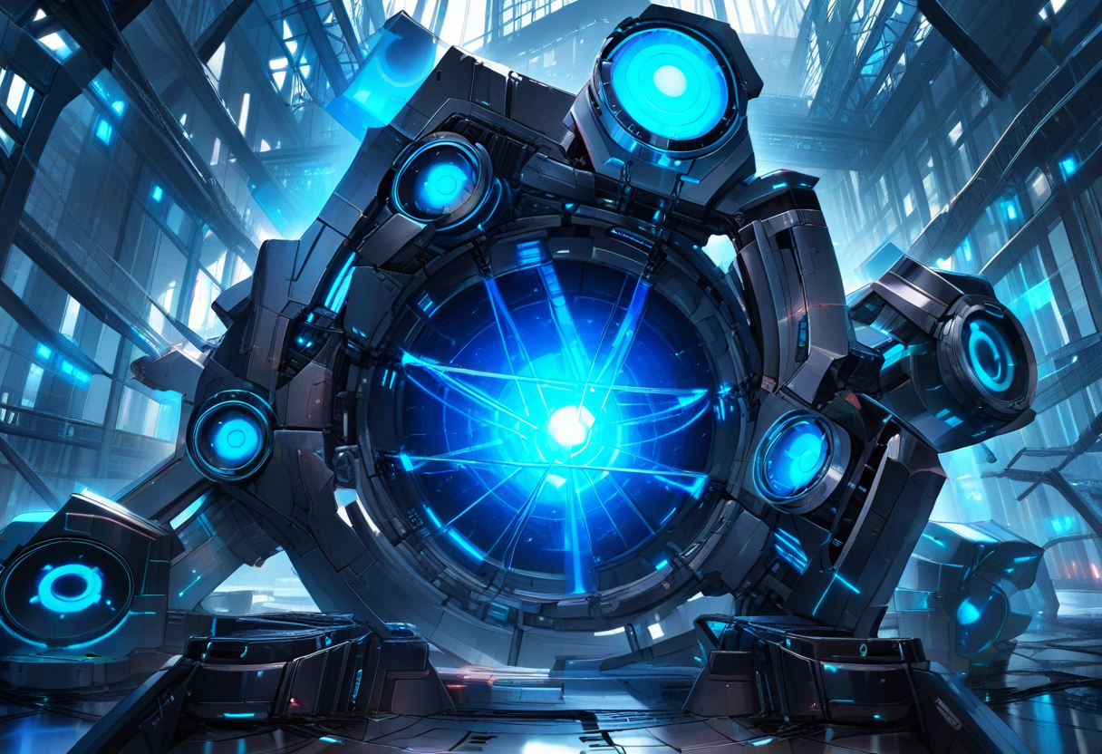A glowing core suspended by chains inside dark scaffolding, the framework around it partly dismantled with panels stacked below — the heart kept beating through every stage of the rebuild