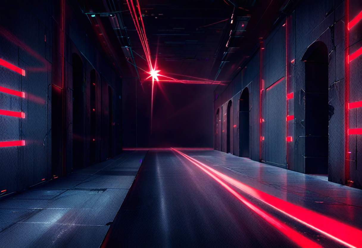A dark concrete corridor crossed by thin glowing red laser tripwires at different heights — forty deferred imports, each one fine until the exact moment its function ran