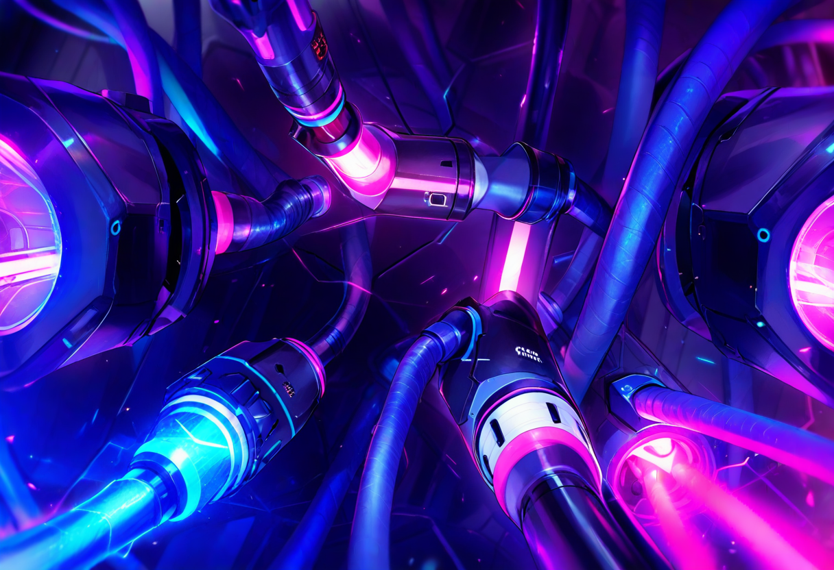 Massive industrial power connectors blazing with cyan light where they join, thick armored cables glowing with flowing power — the throughput the platform kept fighting to hold onto