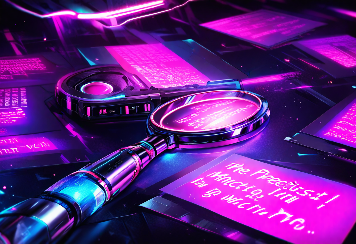 A magnifying lens held by a robotic arm over pages of glowing text on a dark desk — an agent auditing the work of the agent that built it
