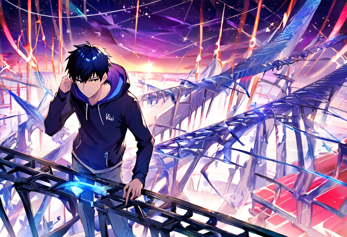 A hooded engineer on a high catwalk turning toward the first light of dawn breaking over a now-finished glowing scaffold tower — the season closes the day before the agent era begins