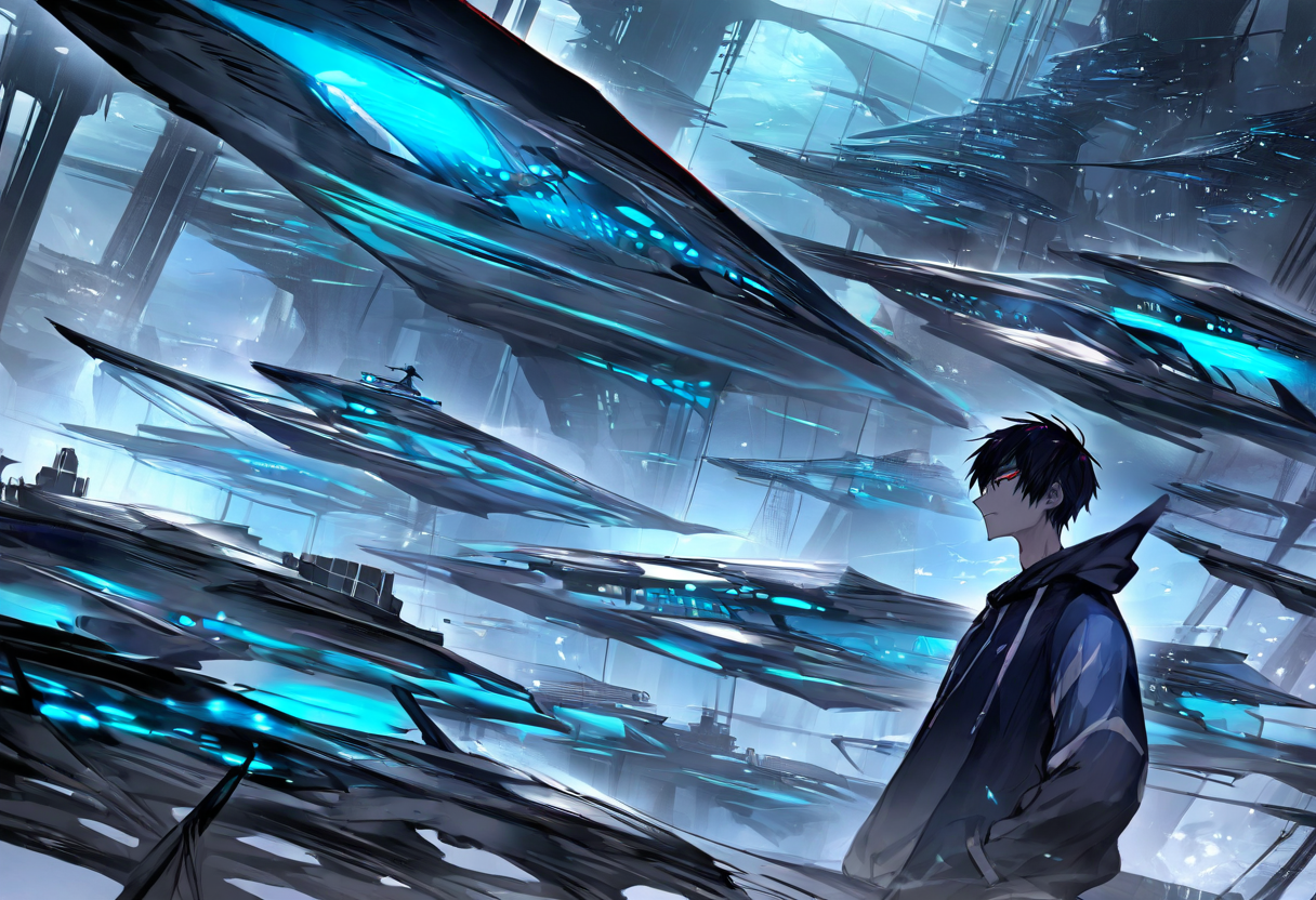 A lone hooded engineer on a narrow gantry looking out over a vast dark machine hall where a fleet of audit-drones hangs frozen mid-sweep, one gone dark — the night I pointed the platform at itself, and the first thing it did was stop