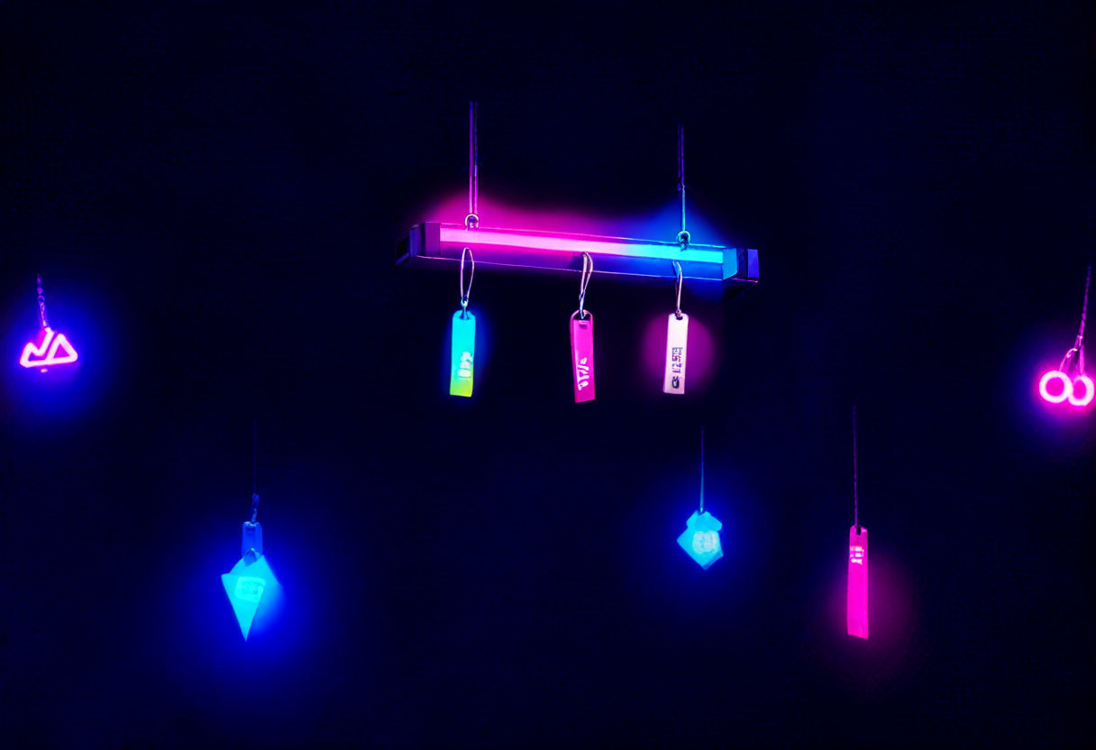 Glowing key-tags hanging in a dark server rack, one bright and one half-hidden in shadow behind it — the plaintext token the finder removed in one place and the verifier found again in a second