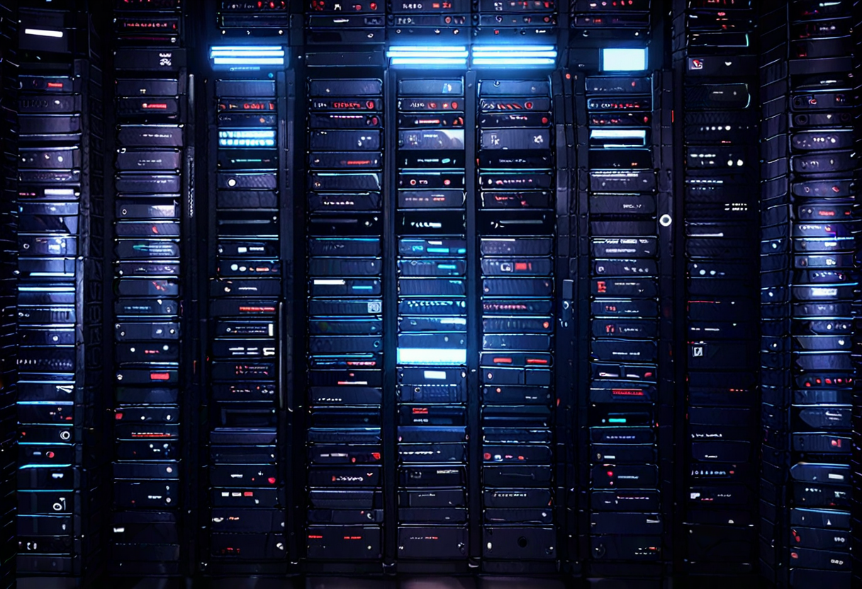 A tall wall of server racks lit by steady cyan indicator lights under cold grey dawn light — the platform seeing itself more clearly than it did the night before