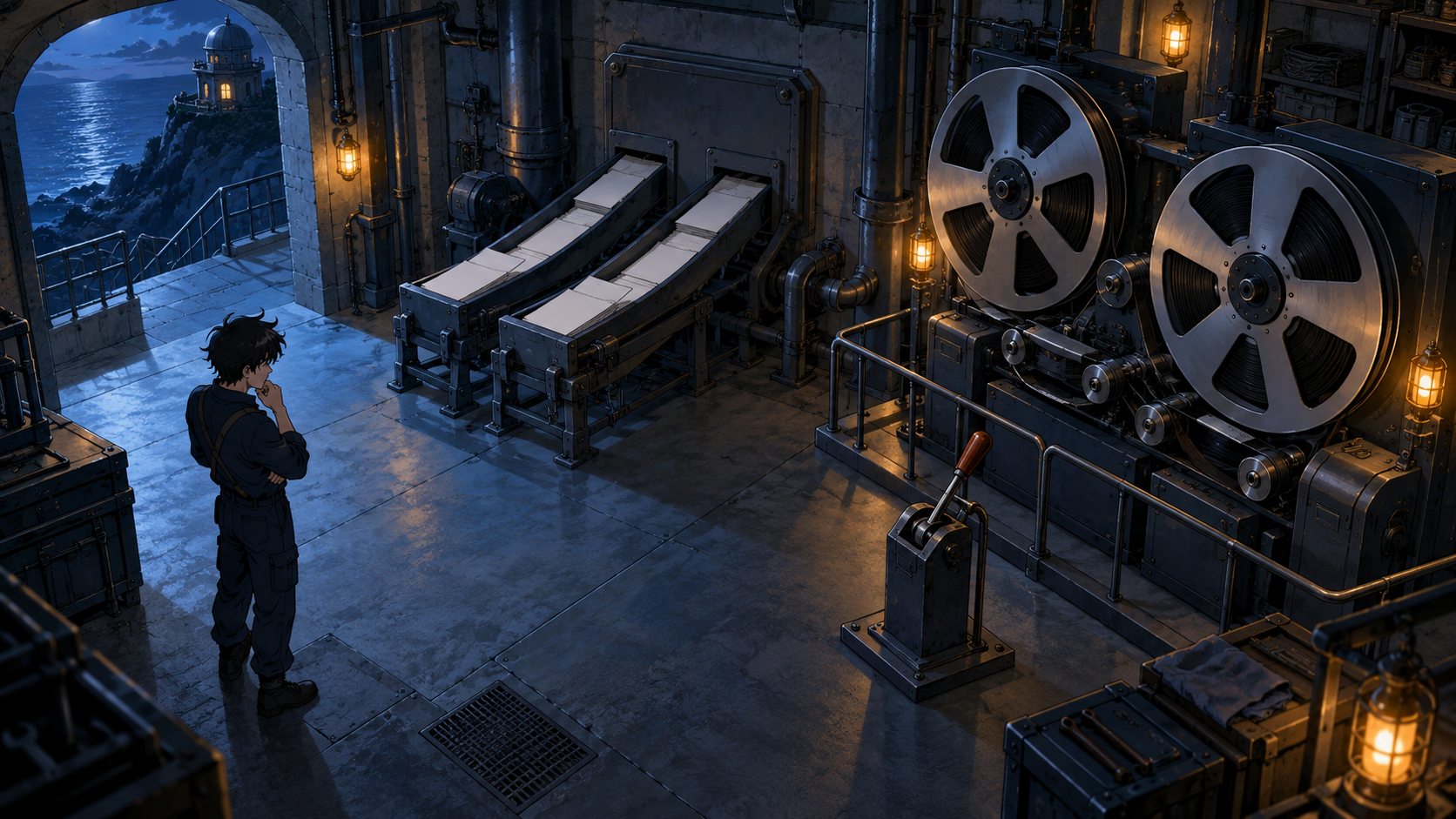 An engineer considers an idle audio-reel machine beside two text trays.