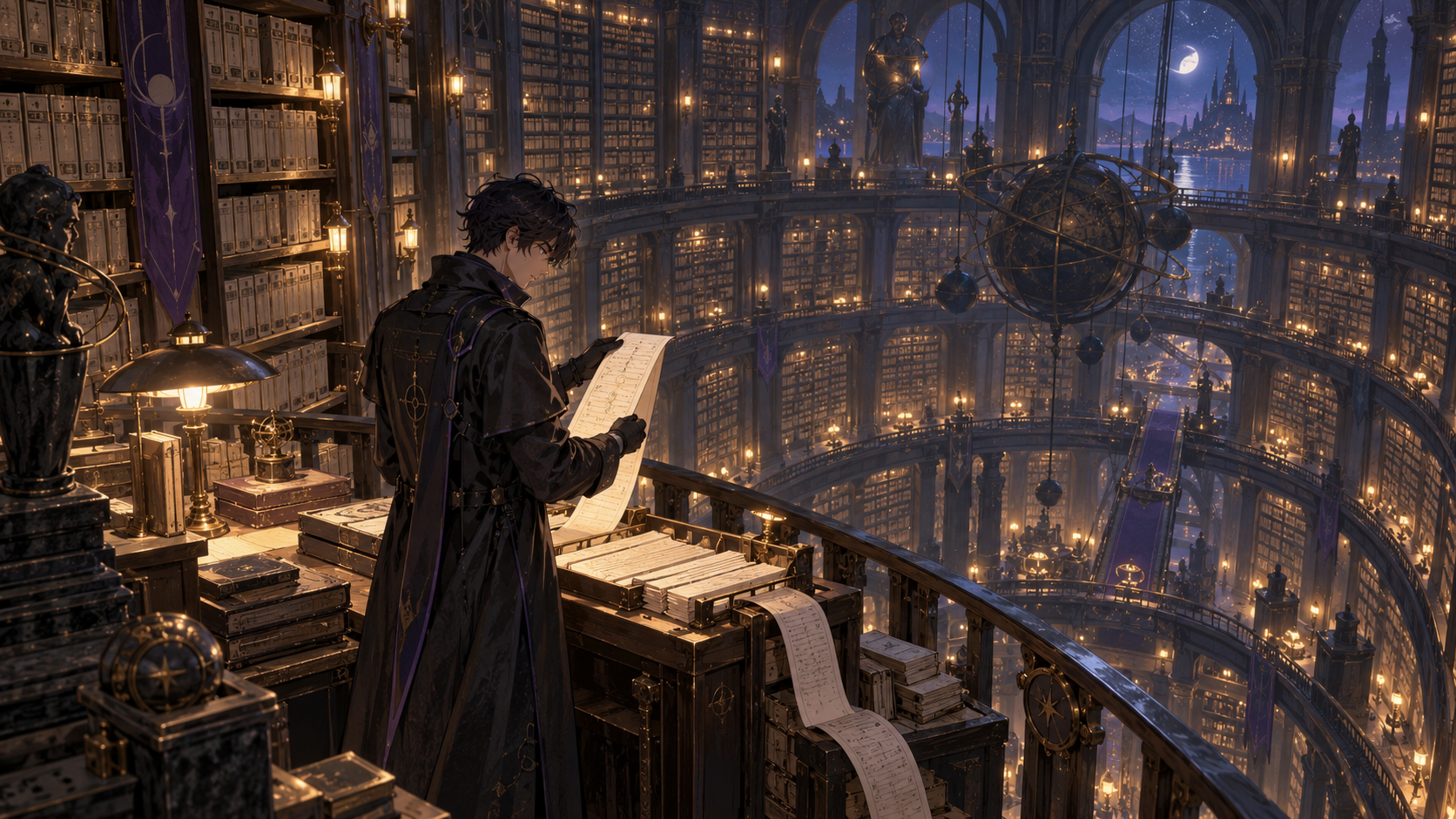 An engineer checks paper index strips in a vast night archive, with the full records still on the shelves.