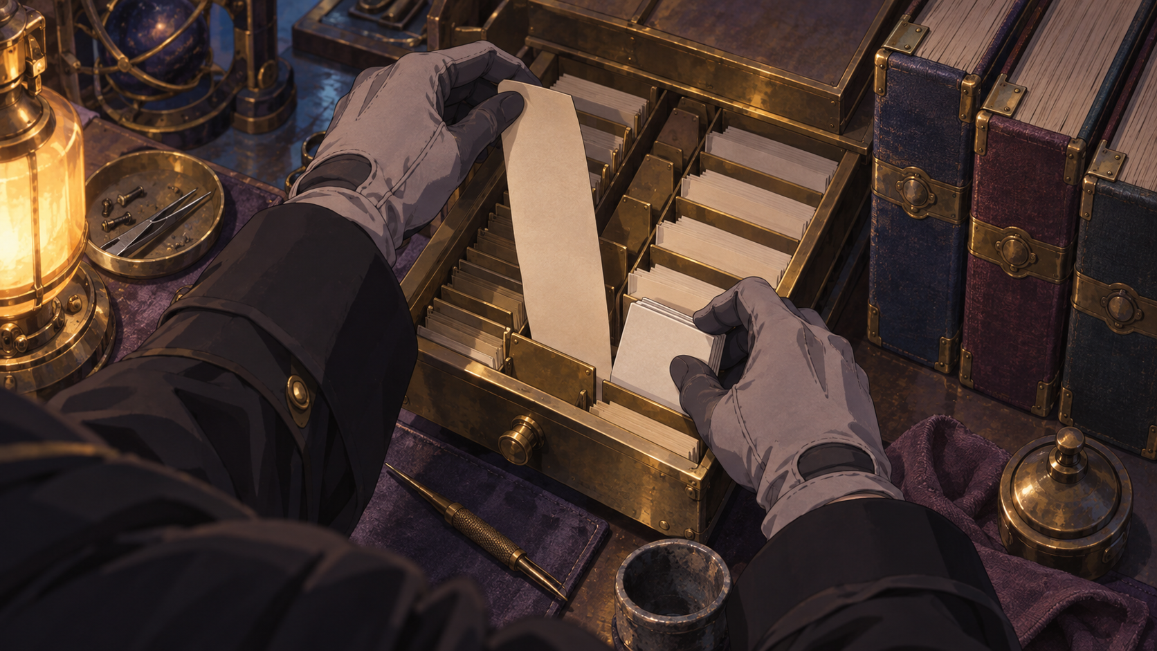 Gloved hands shorten an index strip while the bound source records remain untouched beside the drawer.