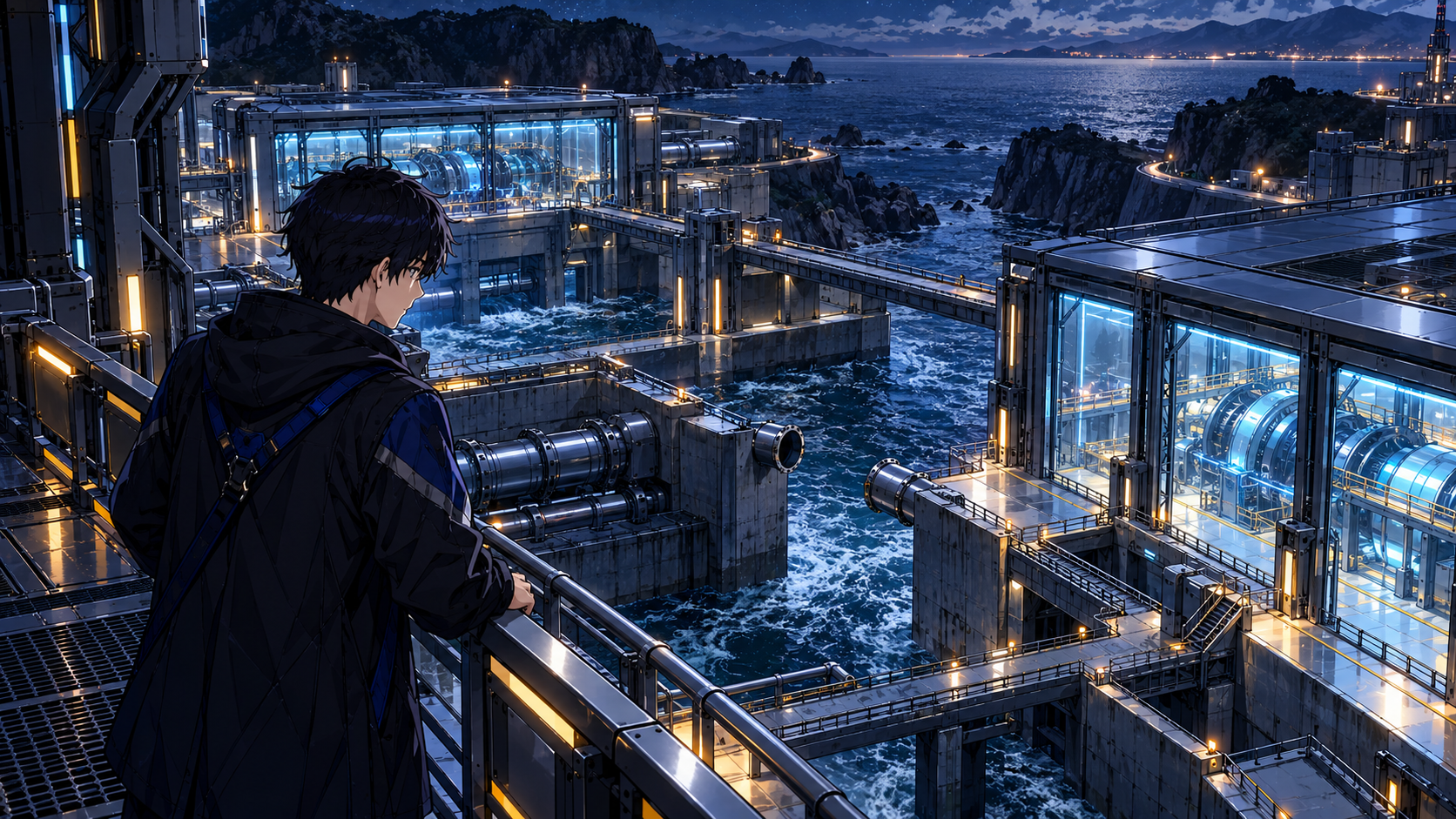 The navy-hooded engineer surveys separate turbine halls connected by conduits along a rocky coast.