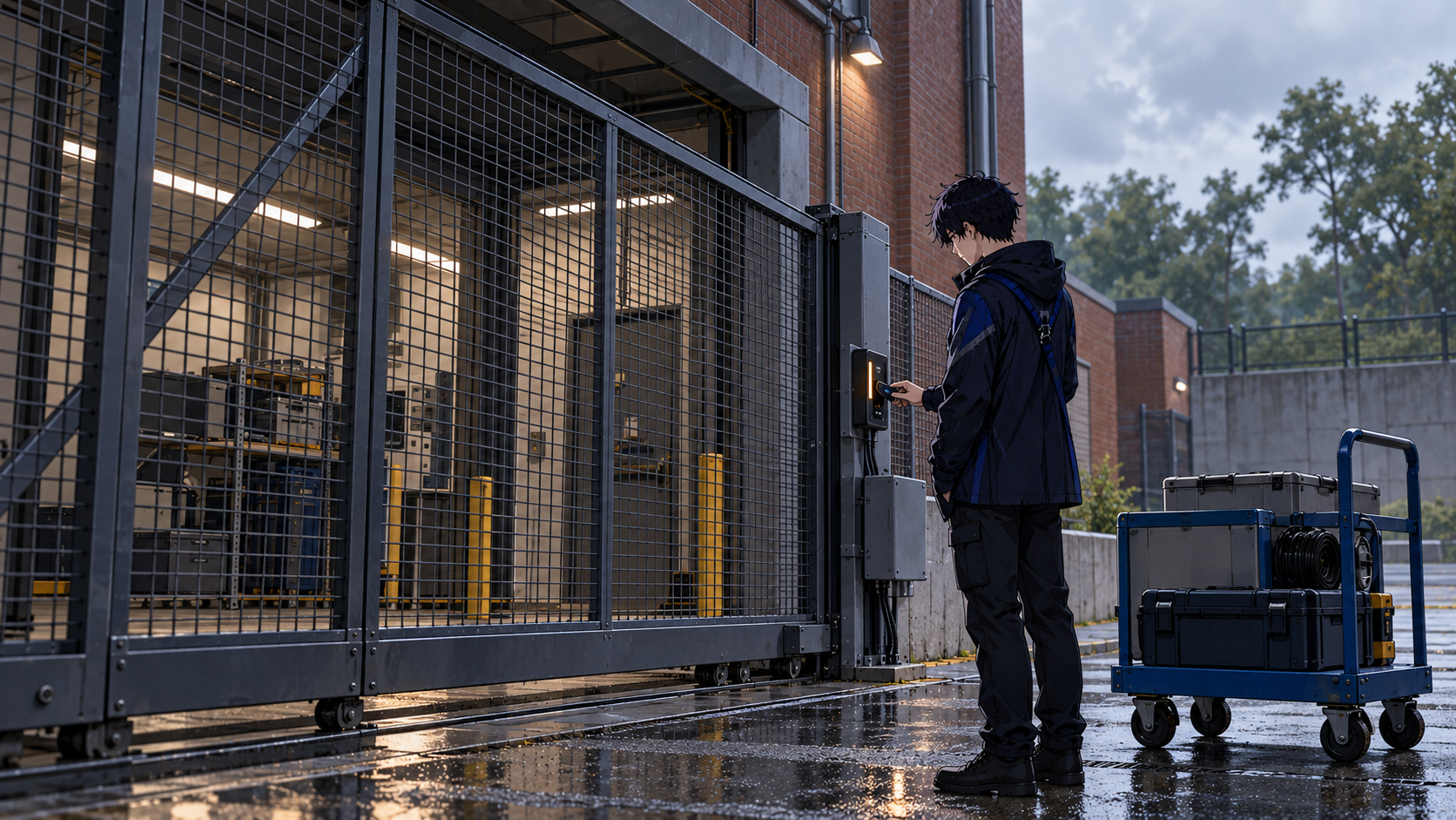 The navy-hooded engineer checks the access reader beside a closed steel mesh gate in an industrial courtyard, with an equipment trolley waiting outside.