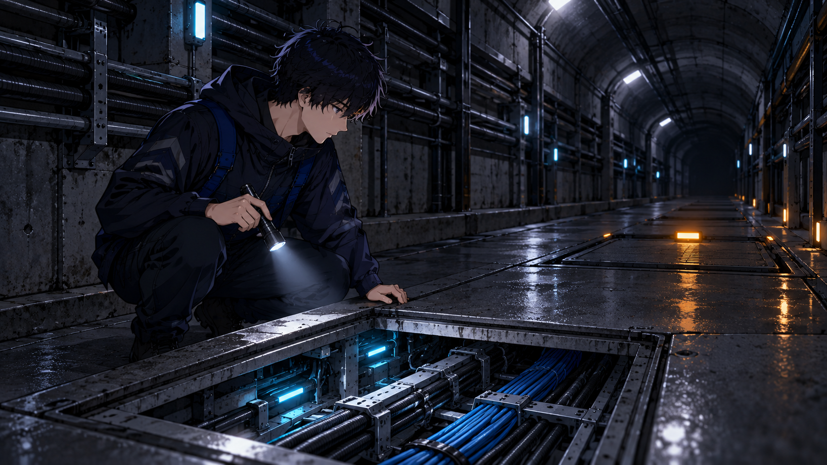 The familiar engineer inspects data conduits under an opened floor hatch while another closed section awaits farther down a dark service tunnel.
