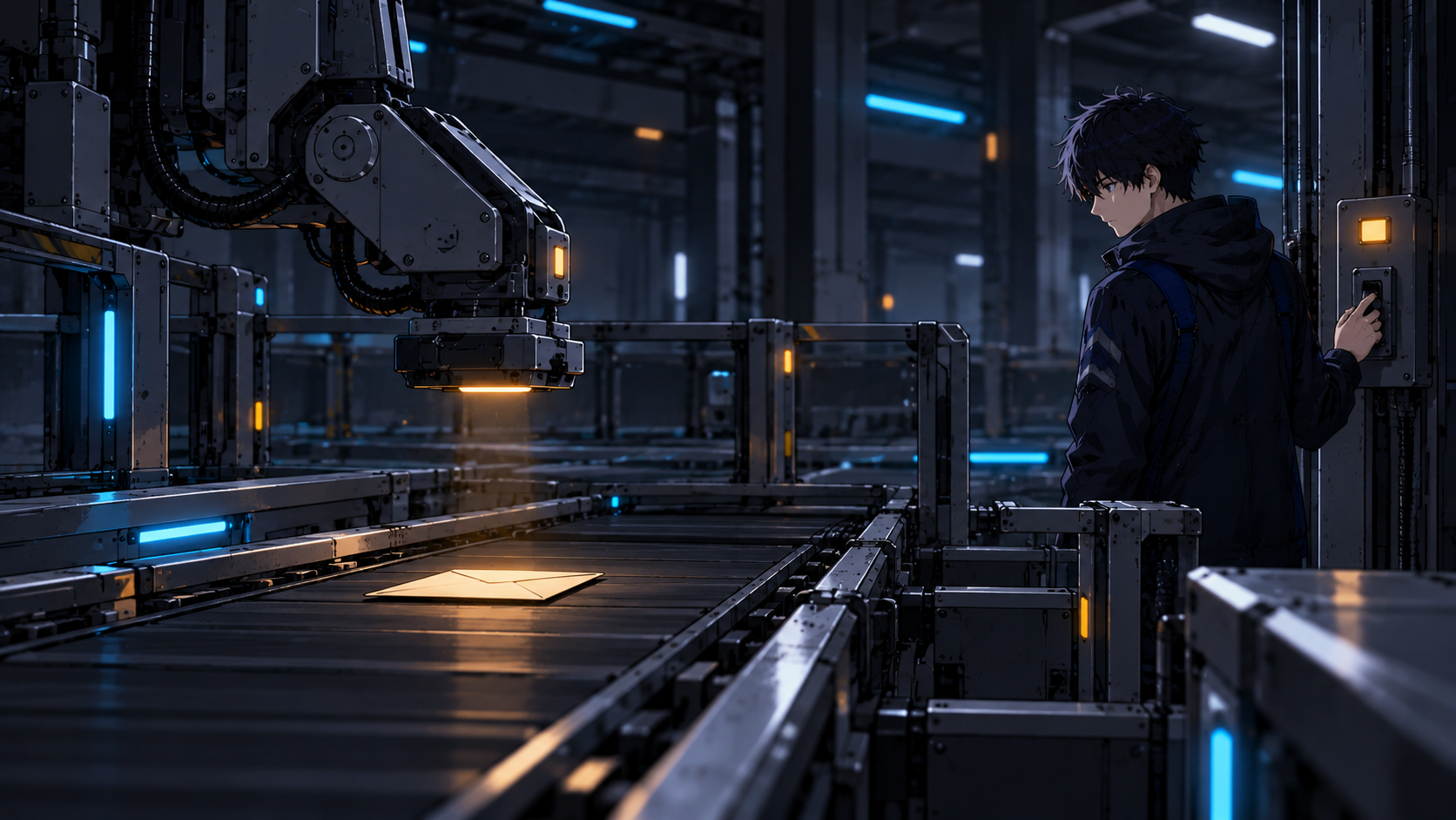 One envelope waits on an otherwise empty conveyor beneath an inactive sorting arm while the engineer checks its switch.