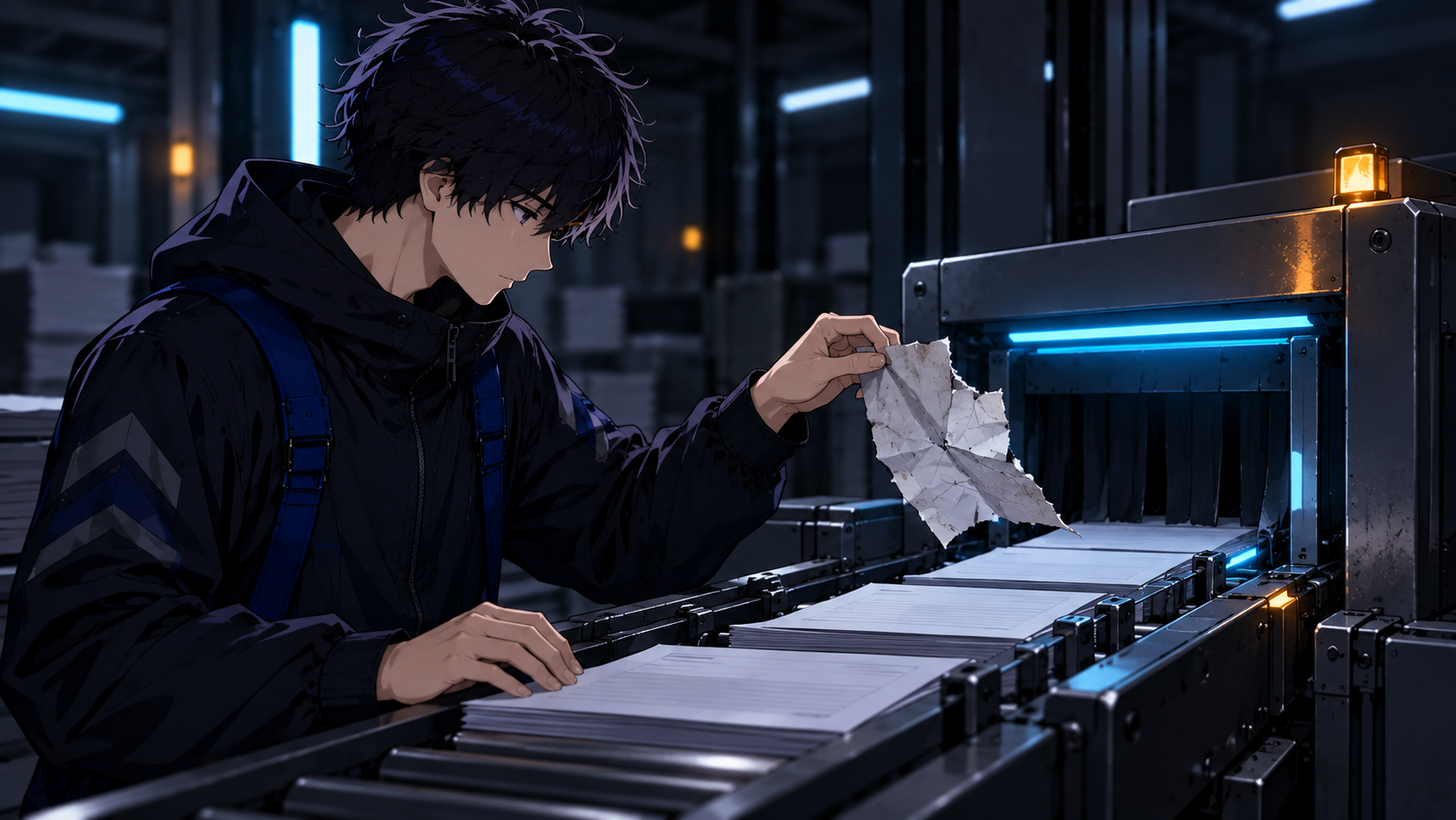 The engineer lifts a torn sheet from a document scanner while intact papers wait in the queue.