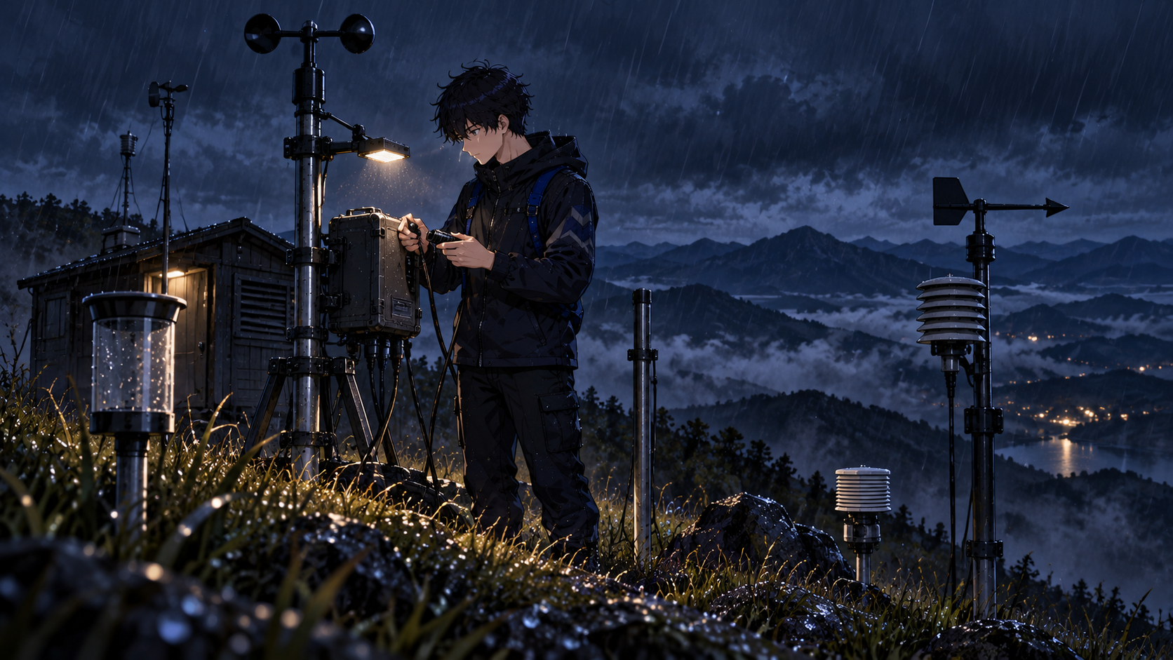 The familiar navy-hooded engineer connects a weather sensor to a field recorder at a rainy hilltop station after dark.