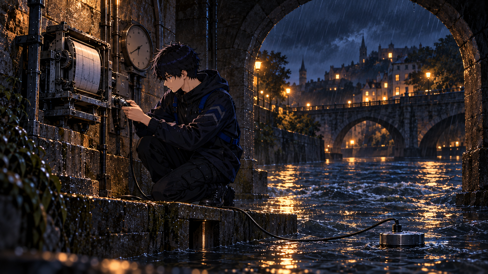 The engineer connects a river sensor to a mechanical recorder under a stone arch beside a dark flowing river.