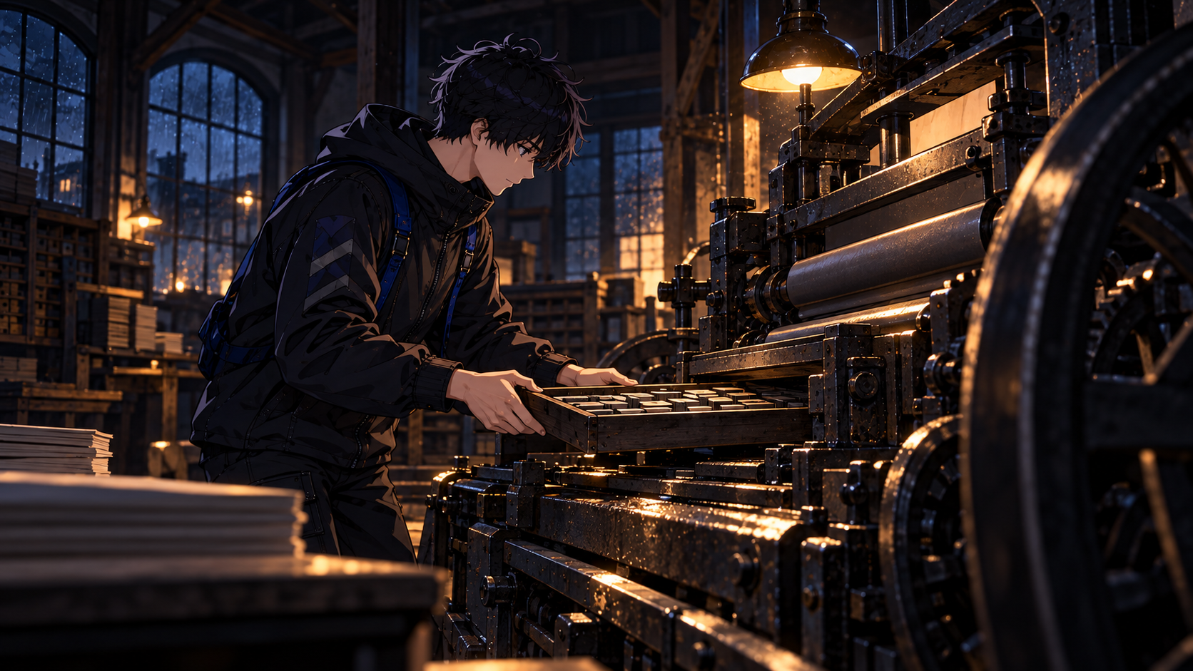 The engineer slides a small removable type tray into a large intact mechanical printing press in a dark printing house.