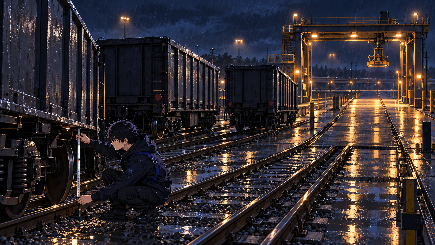 The navy-hooded engineer checks a freight wagon in a rain-dark railway yard while other wagons wait beside an open loading gantry.
