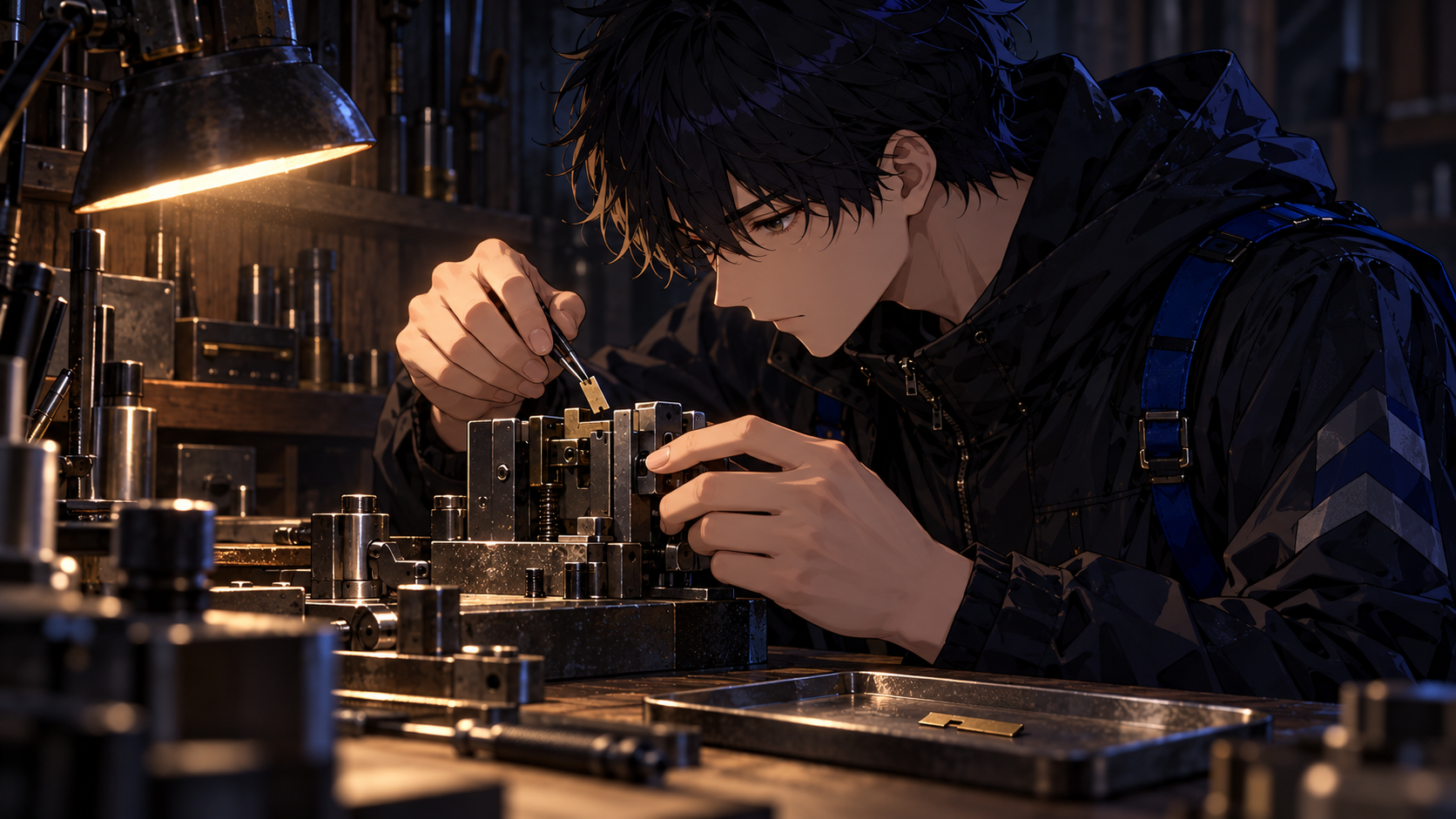 The engineer removes a small bridging shim from an instrument interlock while a replacement test piece rests on the bench.