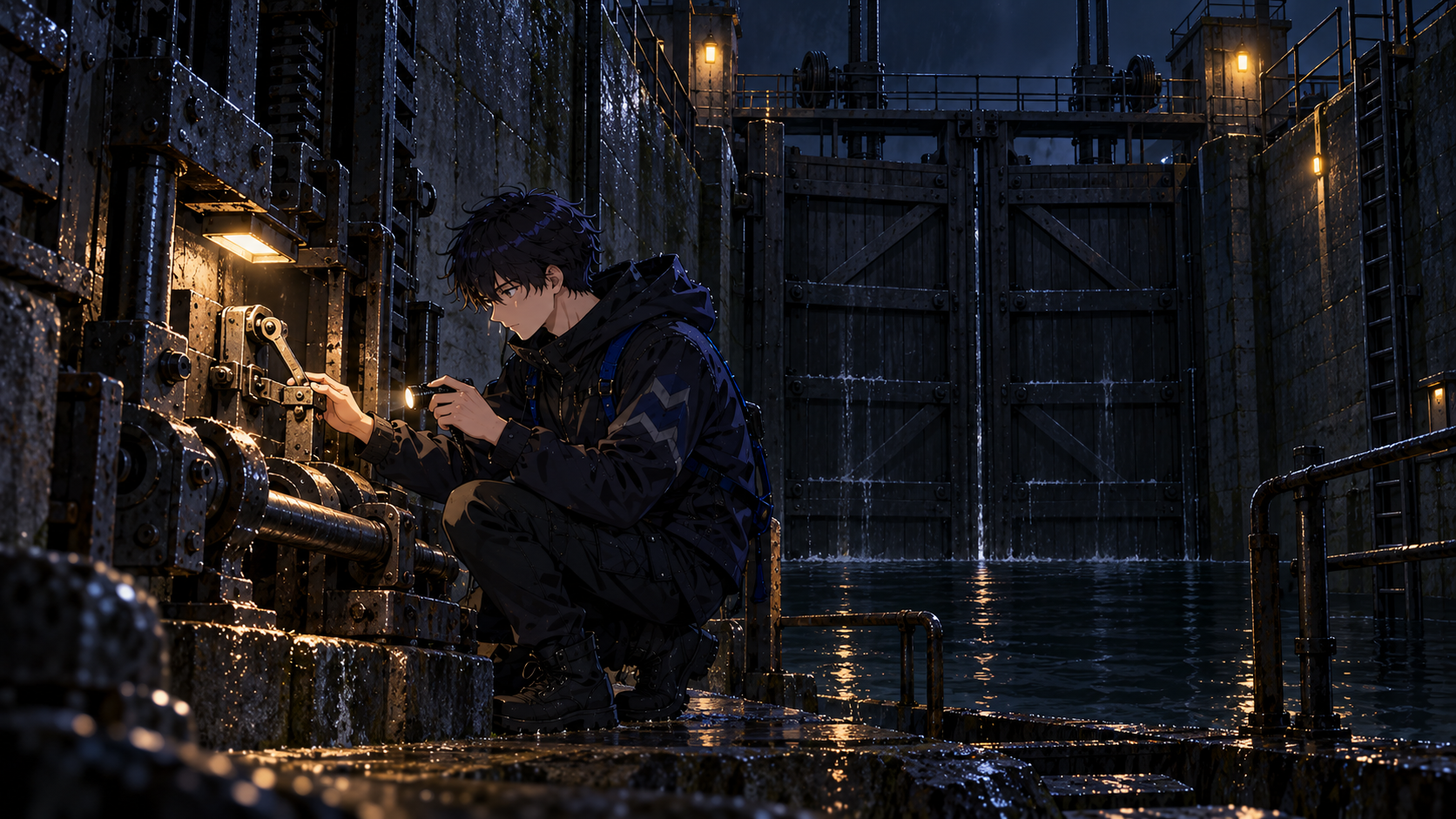 The familiar dark-haired engineer inspects an exposed lock linkage beside closed canal gates in a dim stone chamber.