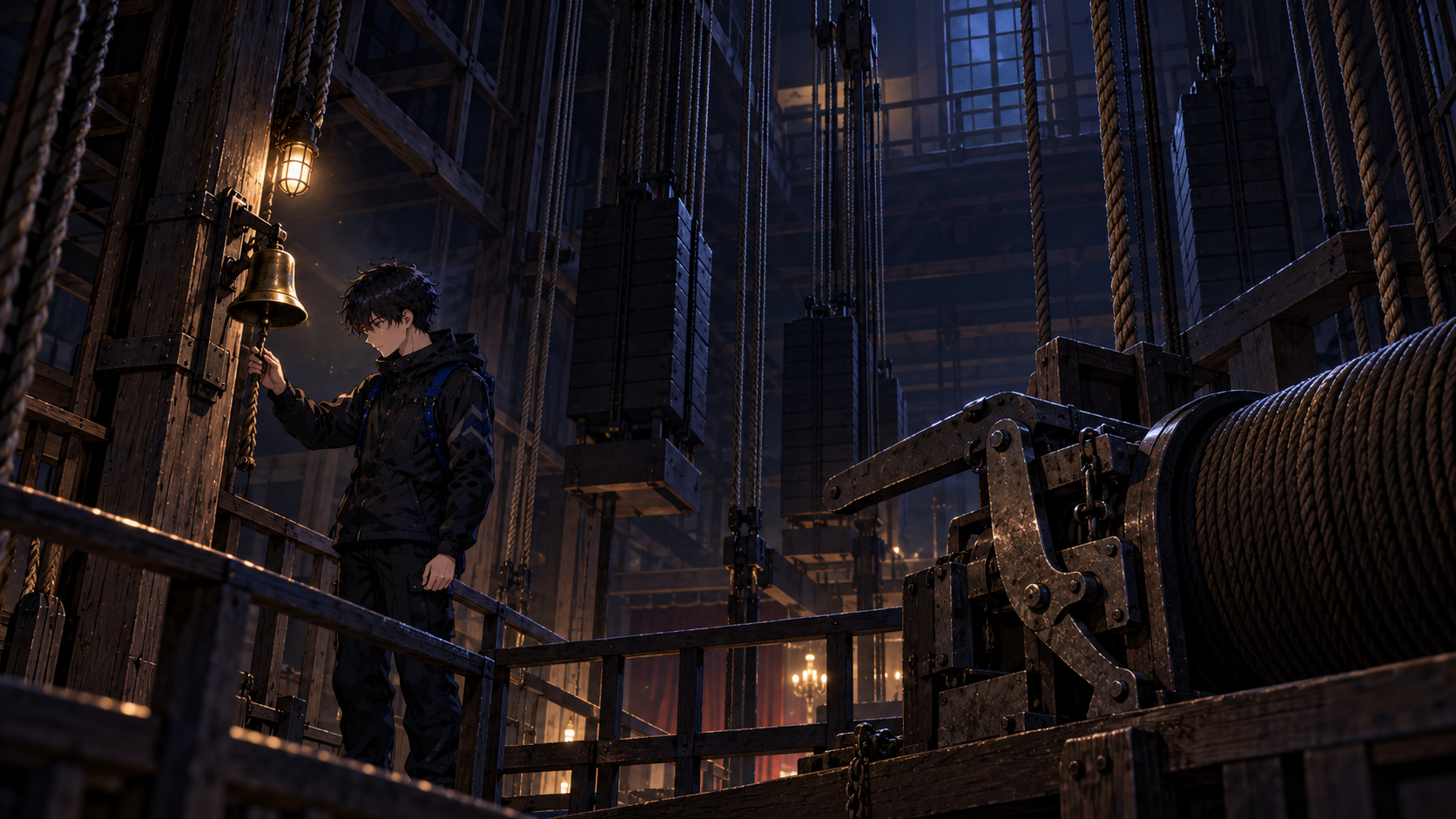 The engineer checks a mechanical warning bell in a dark theatre fly tower while the heavy brake remains secured.