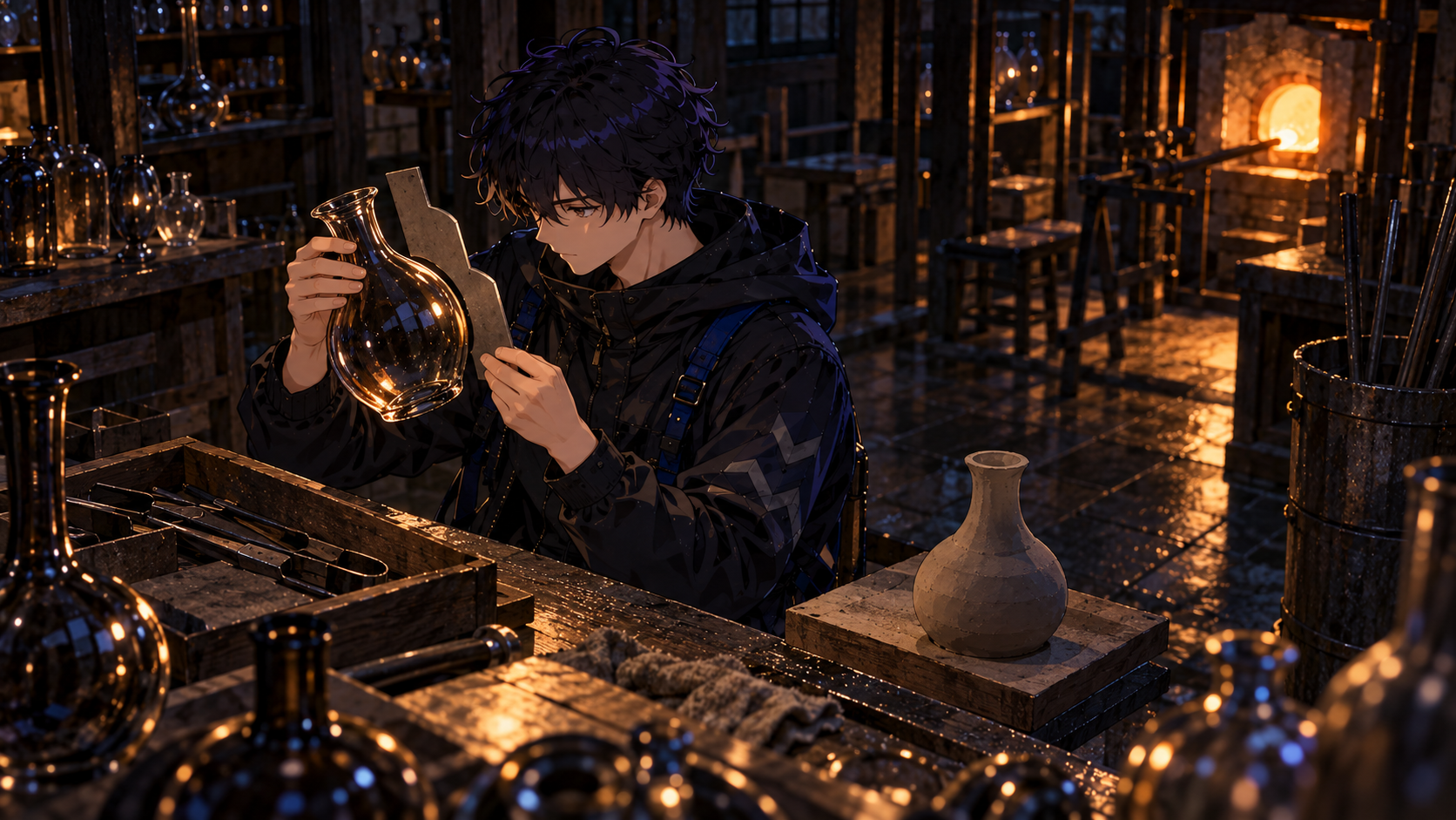 The engineer checks a finished glass vessel against its contour gauge, with an earlier clay form beside it.