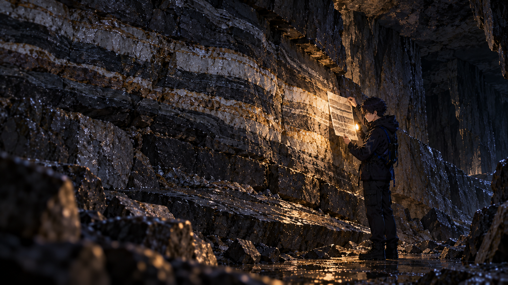 The familiar dark-haired engineer compares a paper rubbing against the original mineral layers in a dim rock chamber.