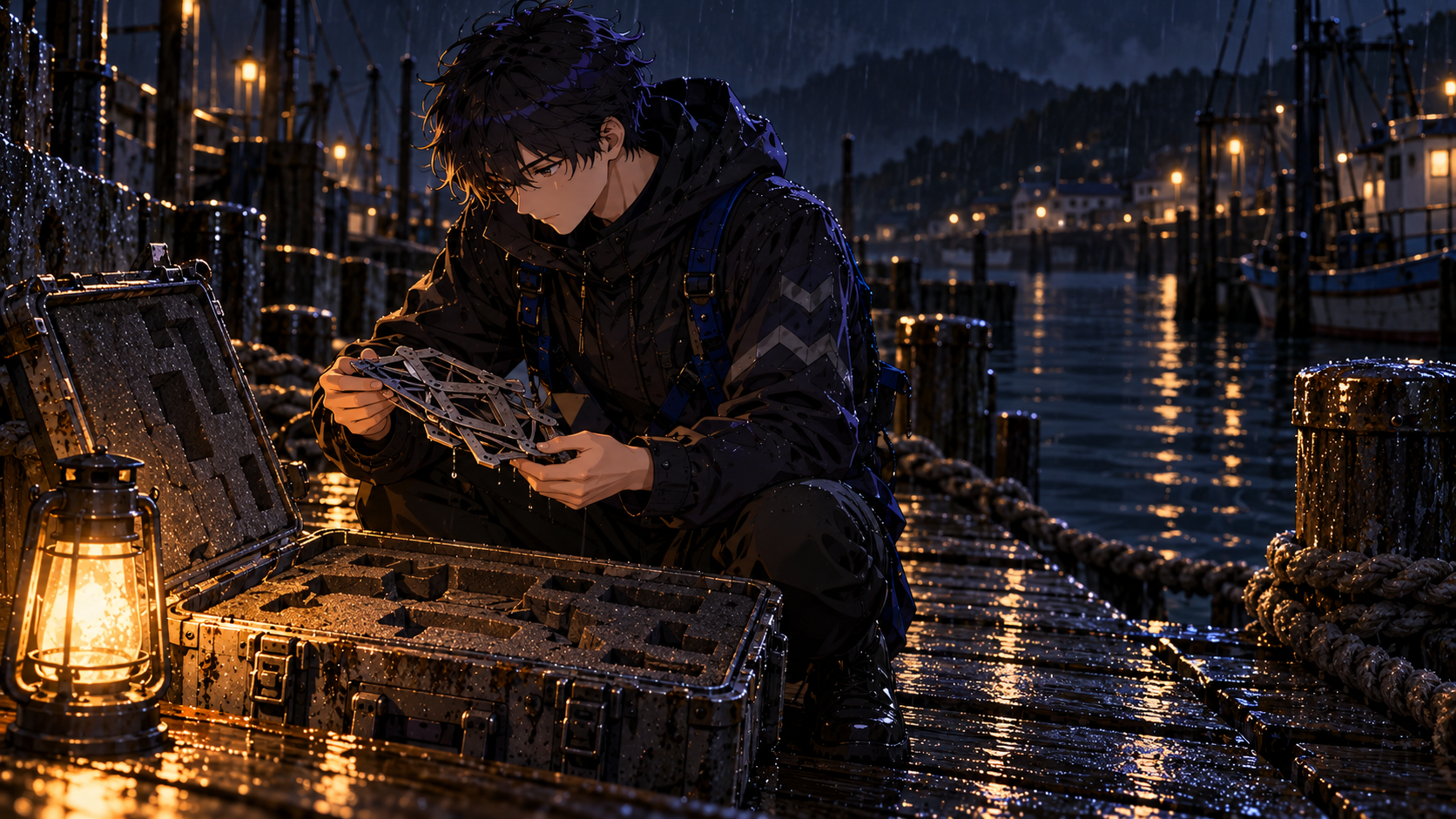 The engineer examines a folded metal assembly flattened by an ill-fitting tray inside an instrument case on a rainy dock.