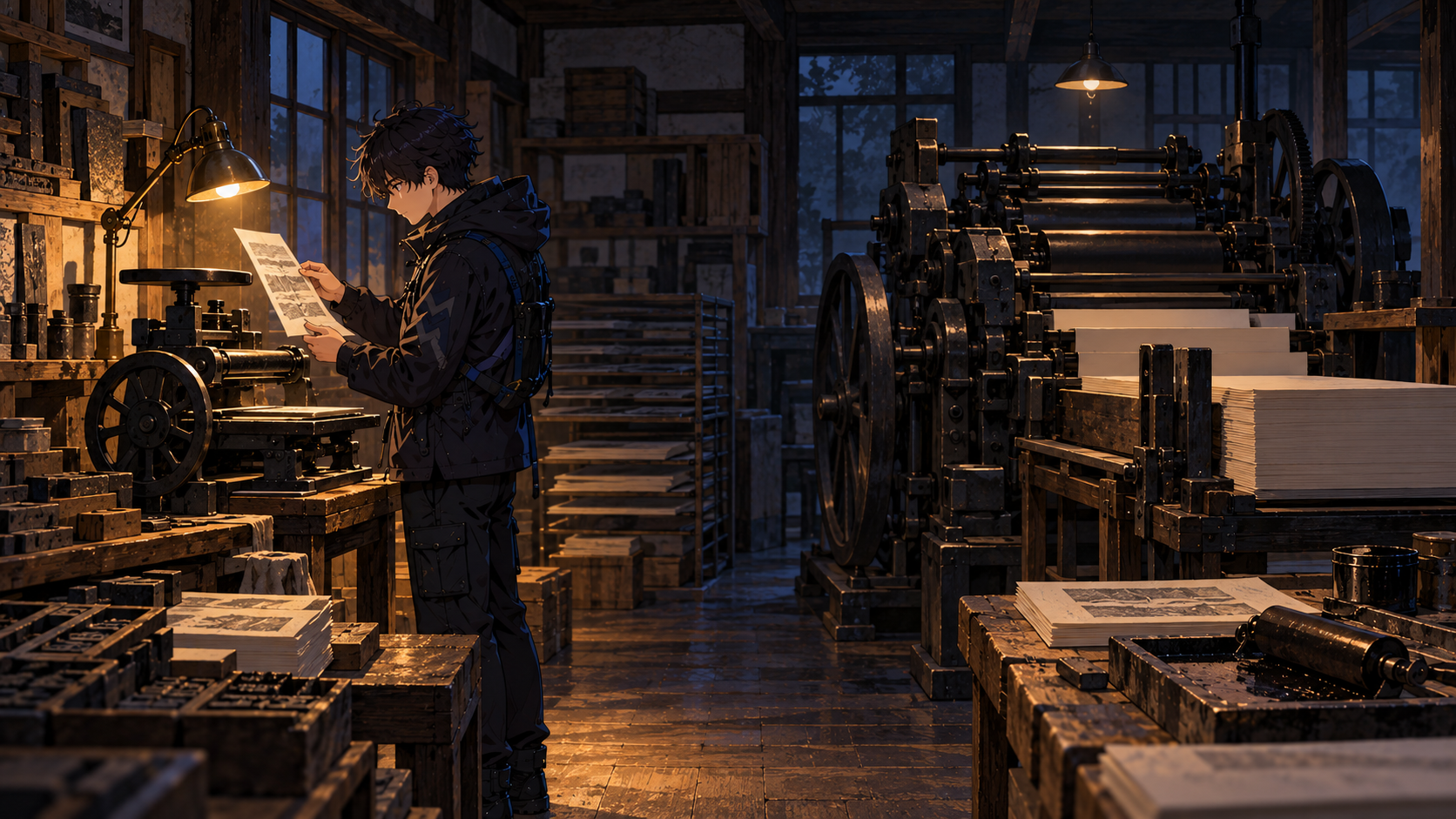 The established engineer examines a proof at a small letterpress, beside a separate idle production press.