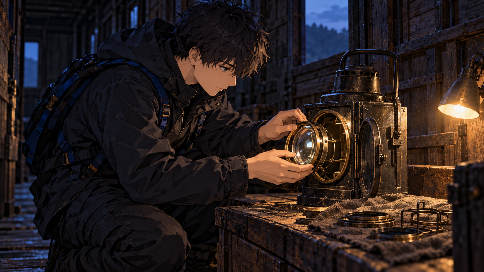 The engineer fits the missing optical assembly into an unlit inspection lantern in a railway luggage van.