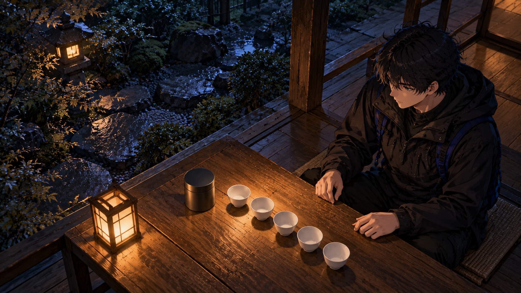 The engineer waits beside a row of empty tasting cups on a quiet garden veranda.