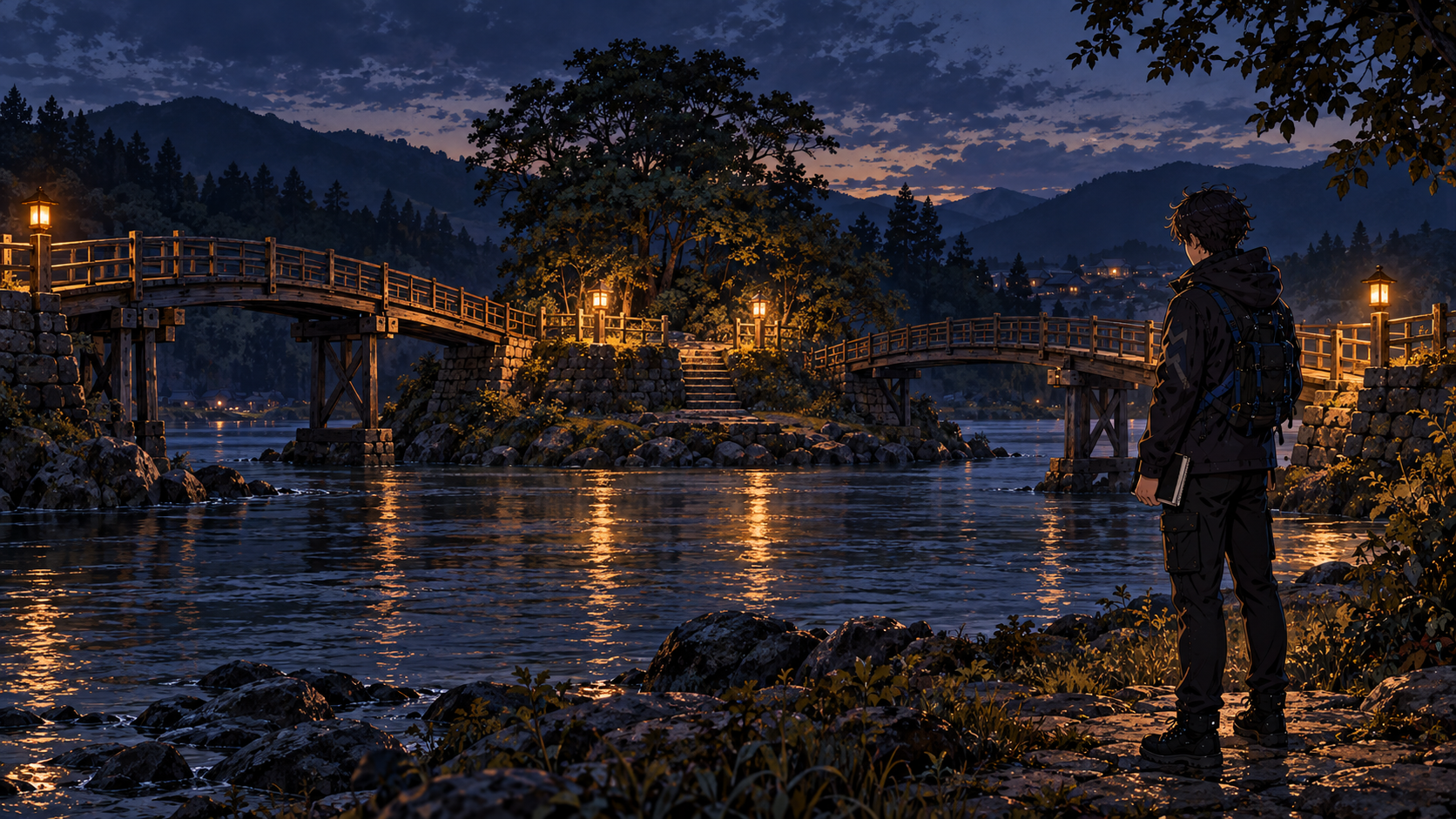 Engineer looks at two footbridges meeting the same island landing.