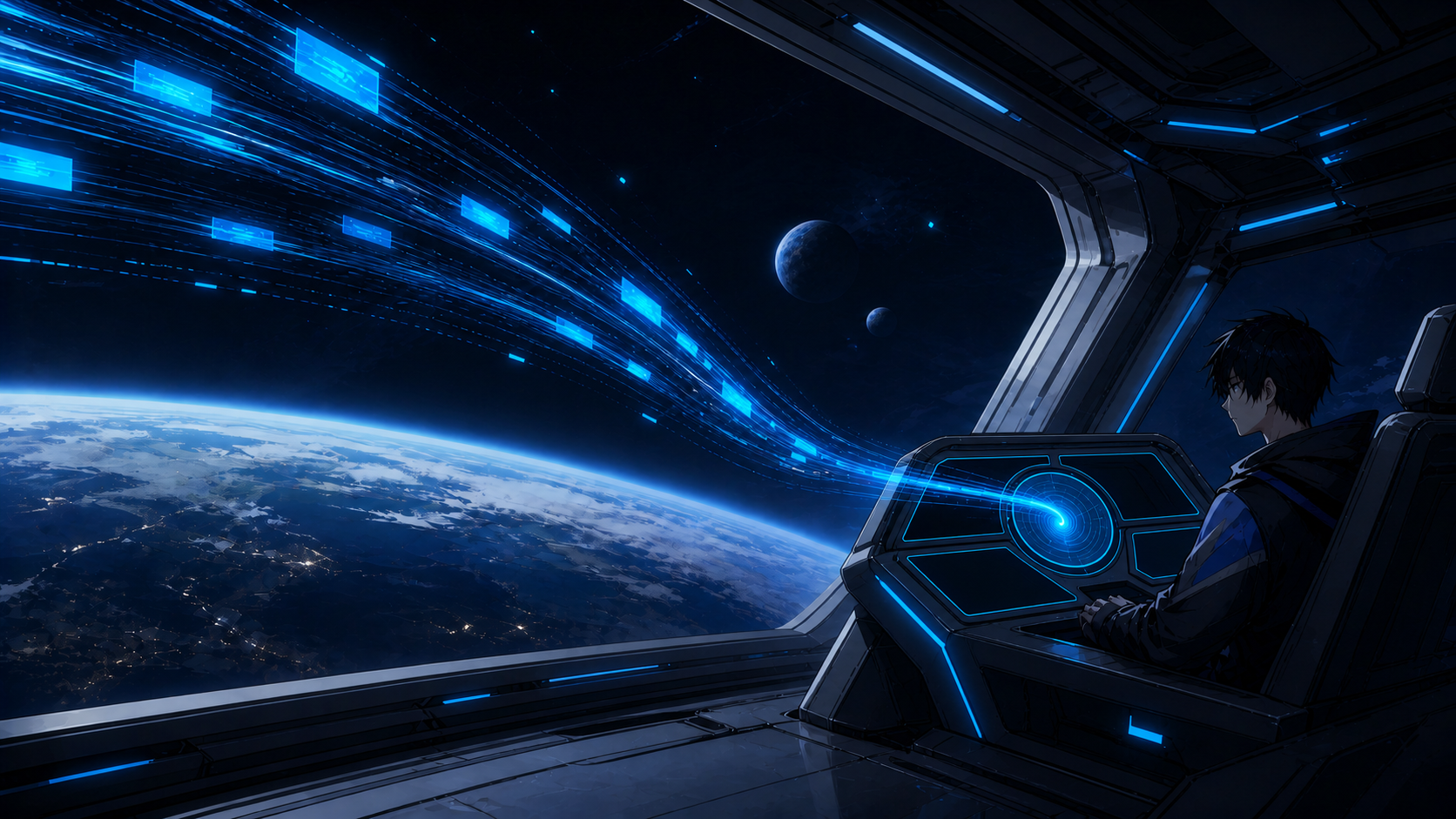 An anime operator in an orbital cockpit receiving a stream of data above Earth