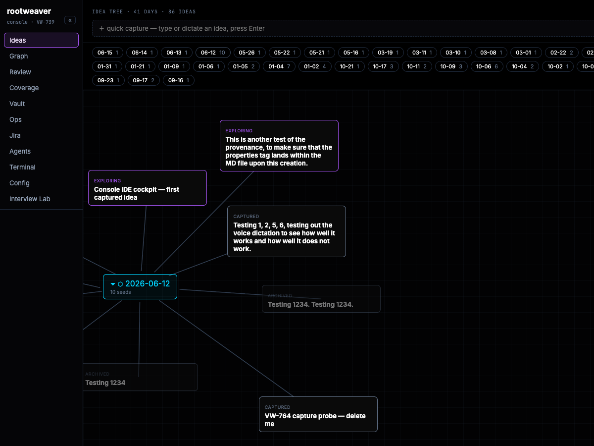 The Rootweaver Console Ideas map focused on the 12 June idea group