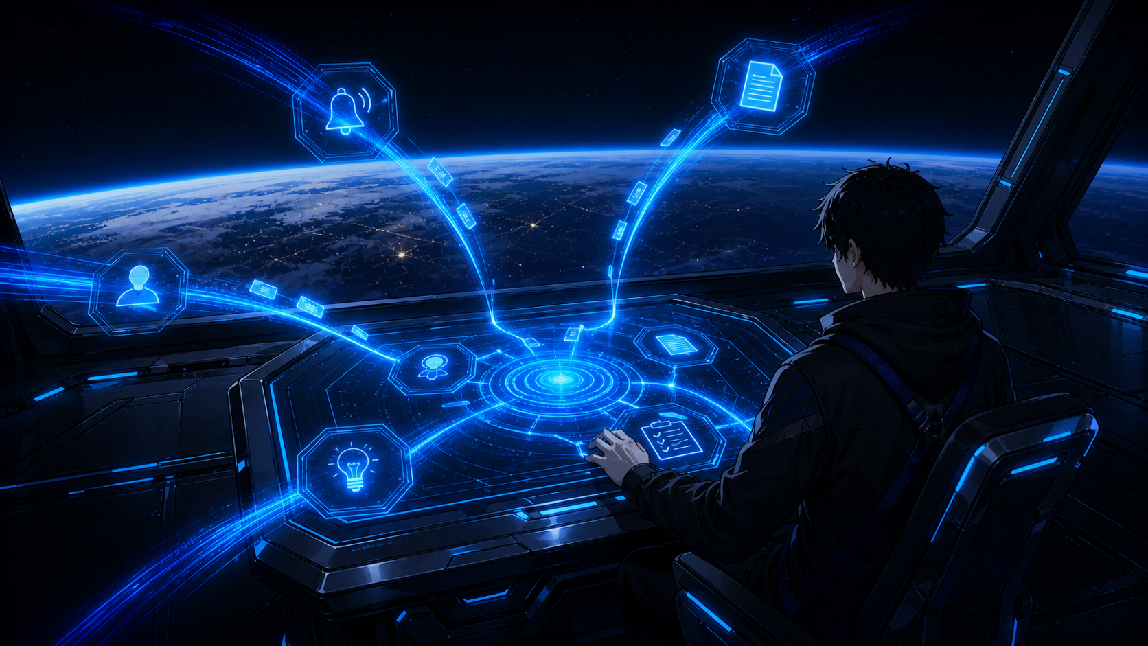 An anime operator watches separate operational streams converge into one orbital command console