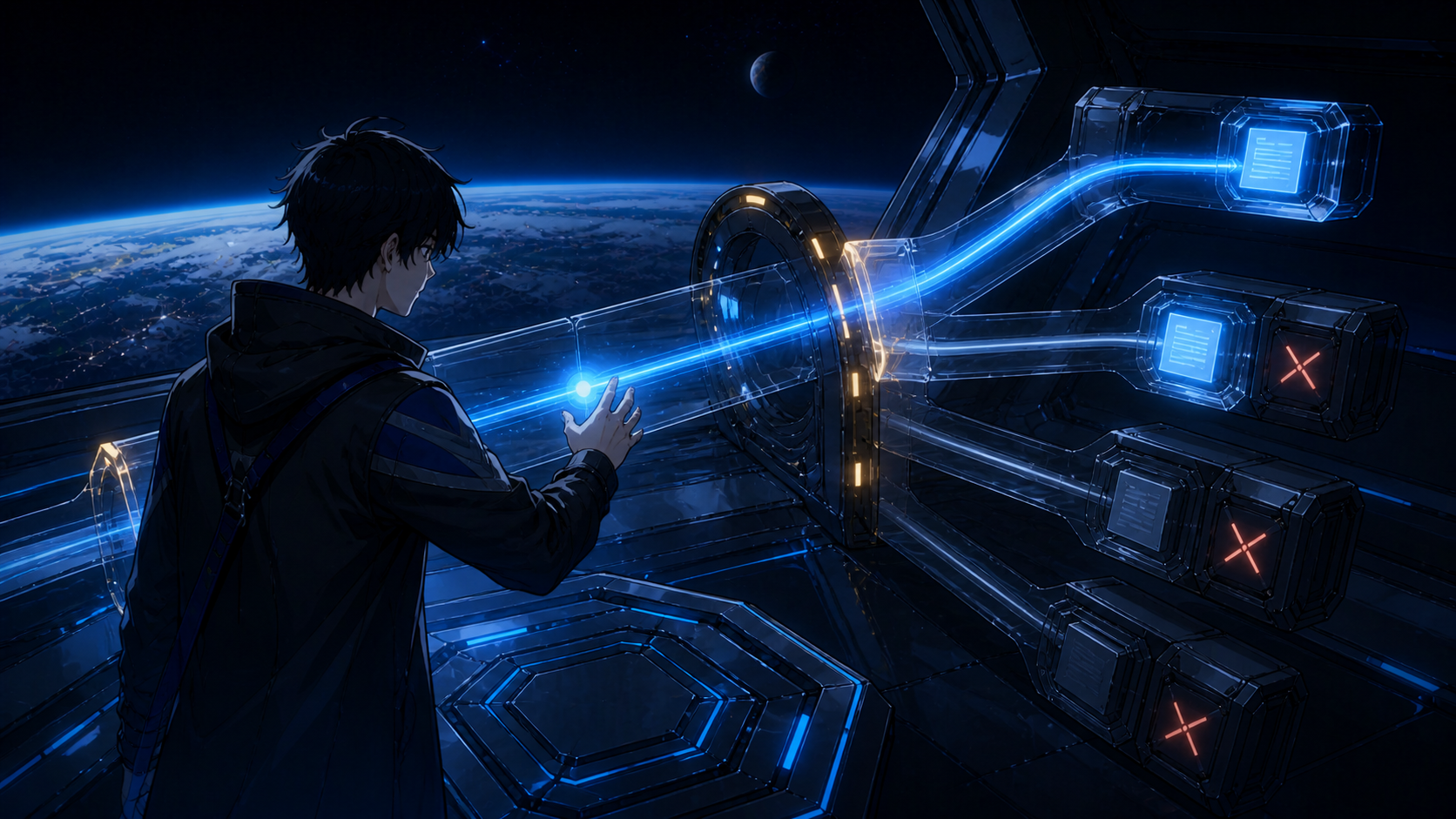 An anime operator guides an idea seed through a protected lane while unsafe destinations remain sealed