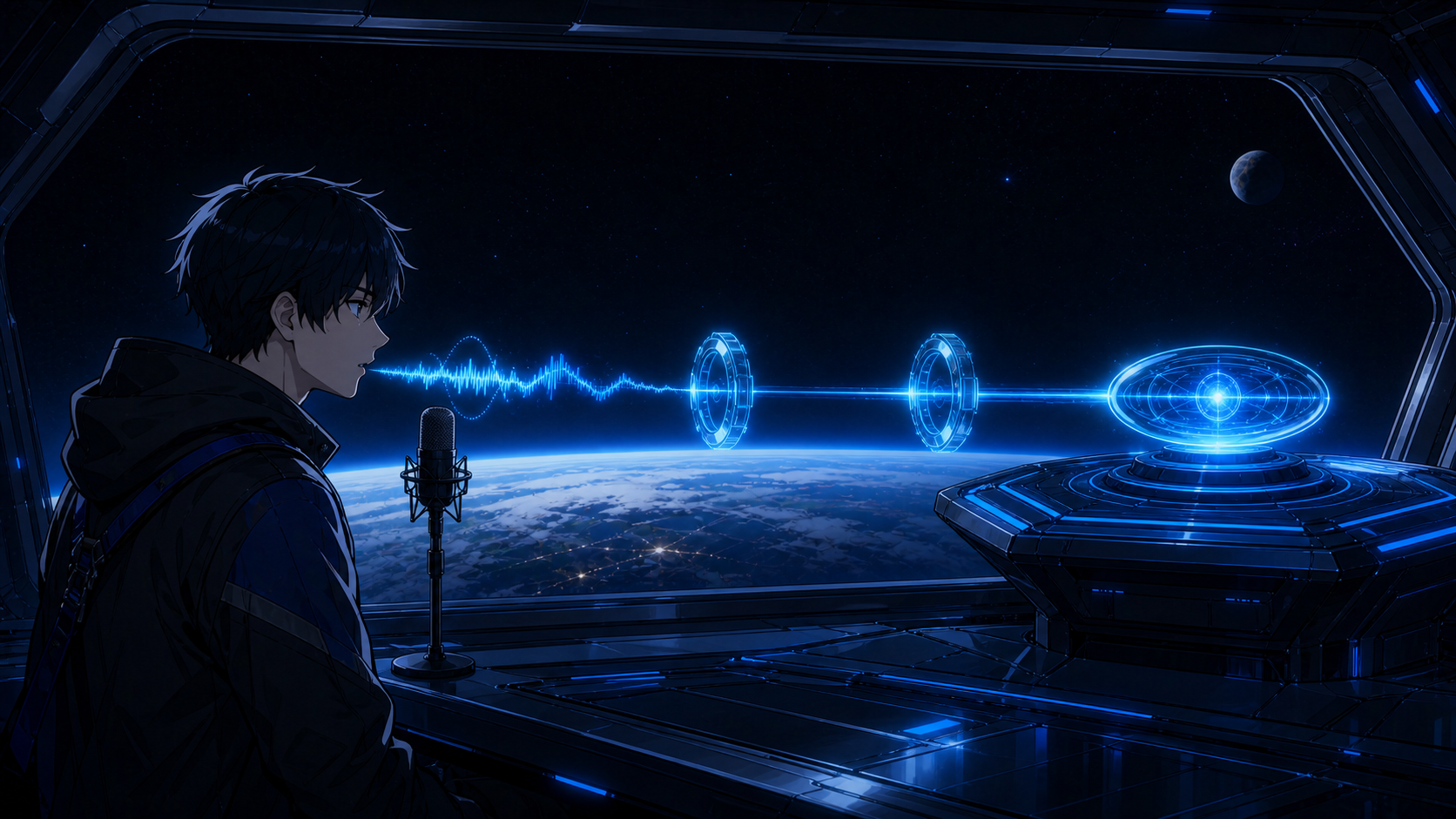 An anime operator speaks into a microphone as the signal crosses two relays and becomes a clean idea at the console