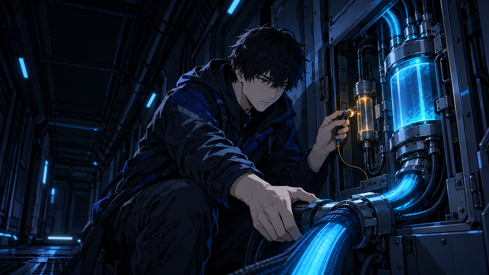 The engineer reconnects a small local instrument to the larger account source