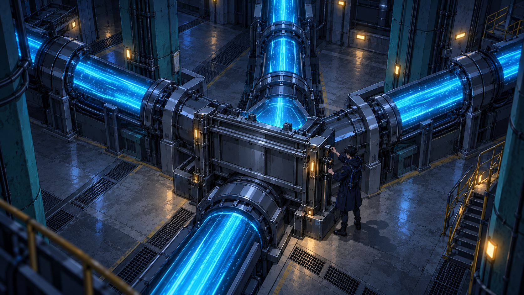 An engineer installing a shared admission gate where several workload conduits converge