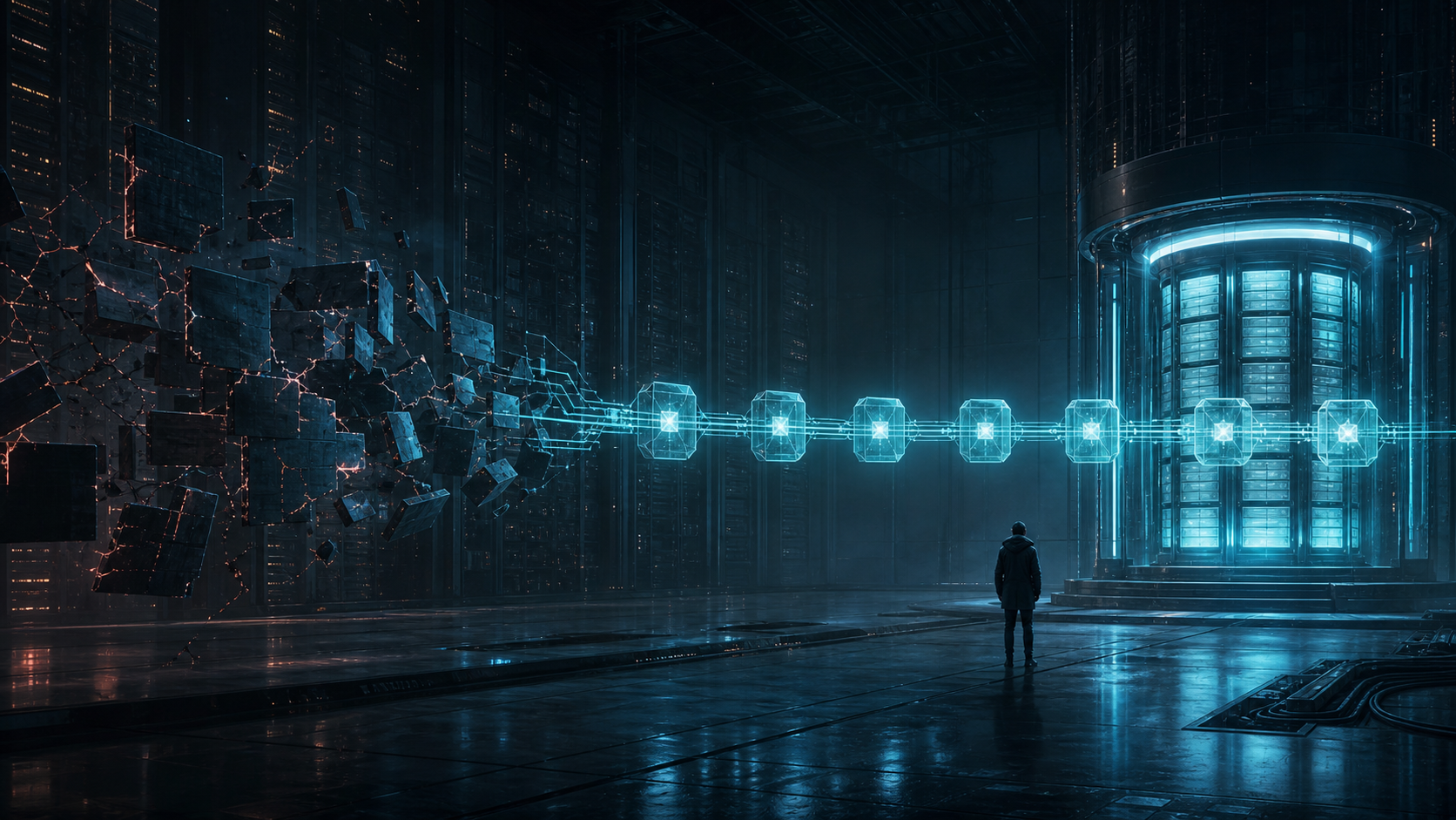 A damaged memory archive reassembled into a protected chain of version history