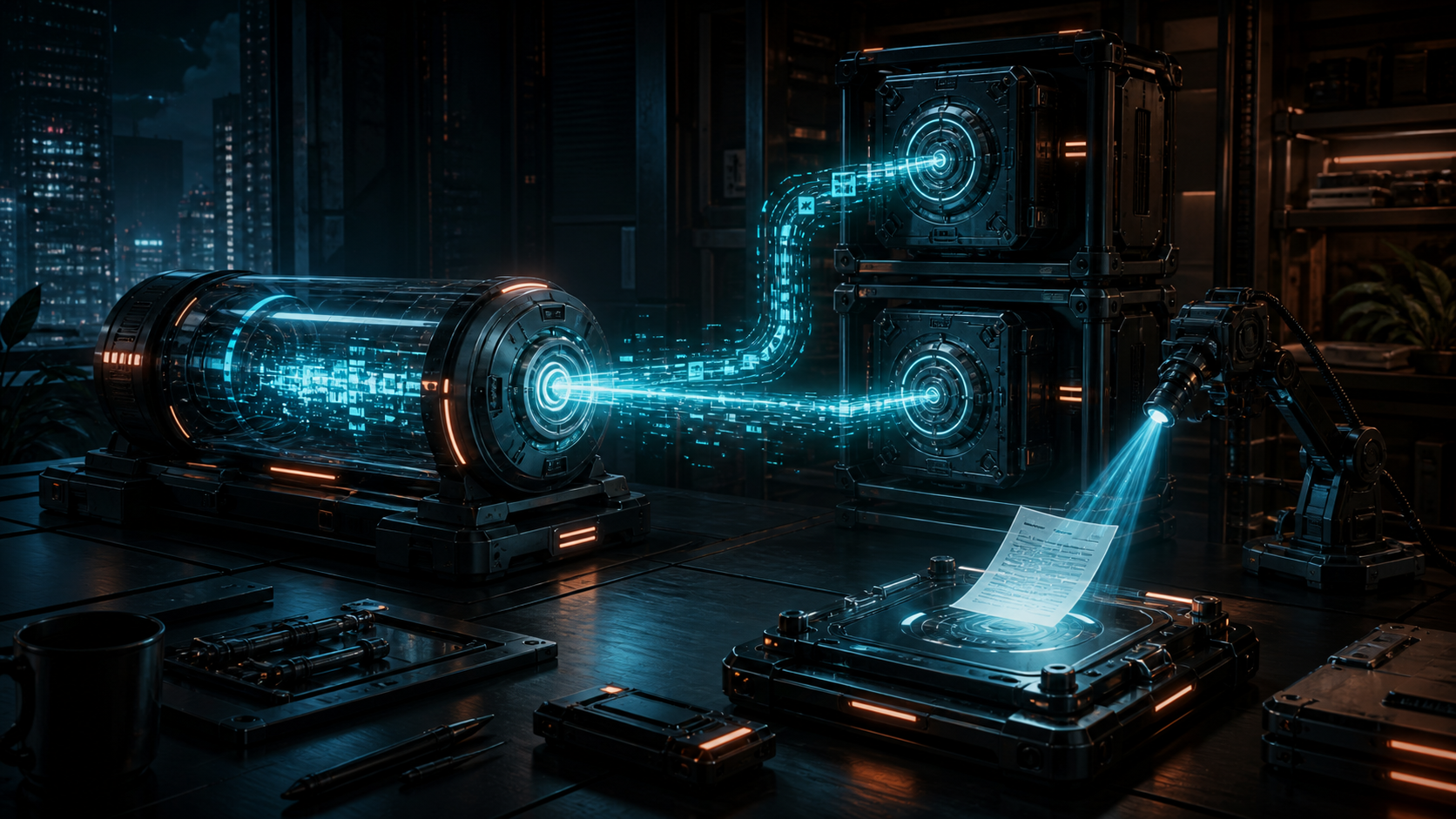 An encrypted backup capsule sending a snapshot stream to protected archive nodes while a restored document is inspected