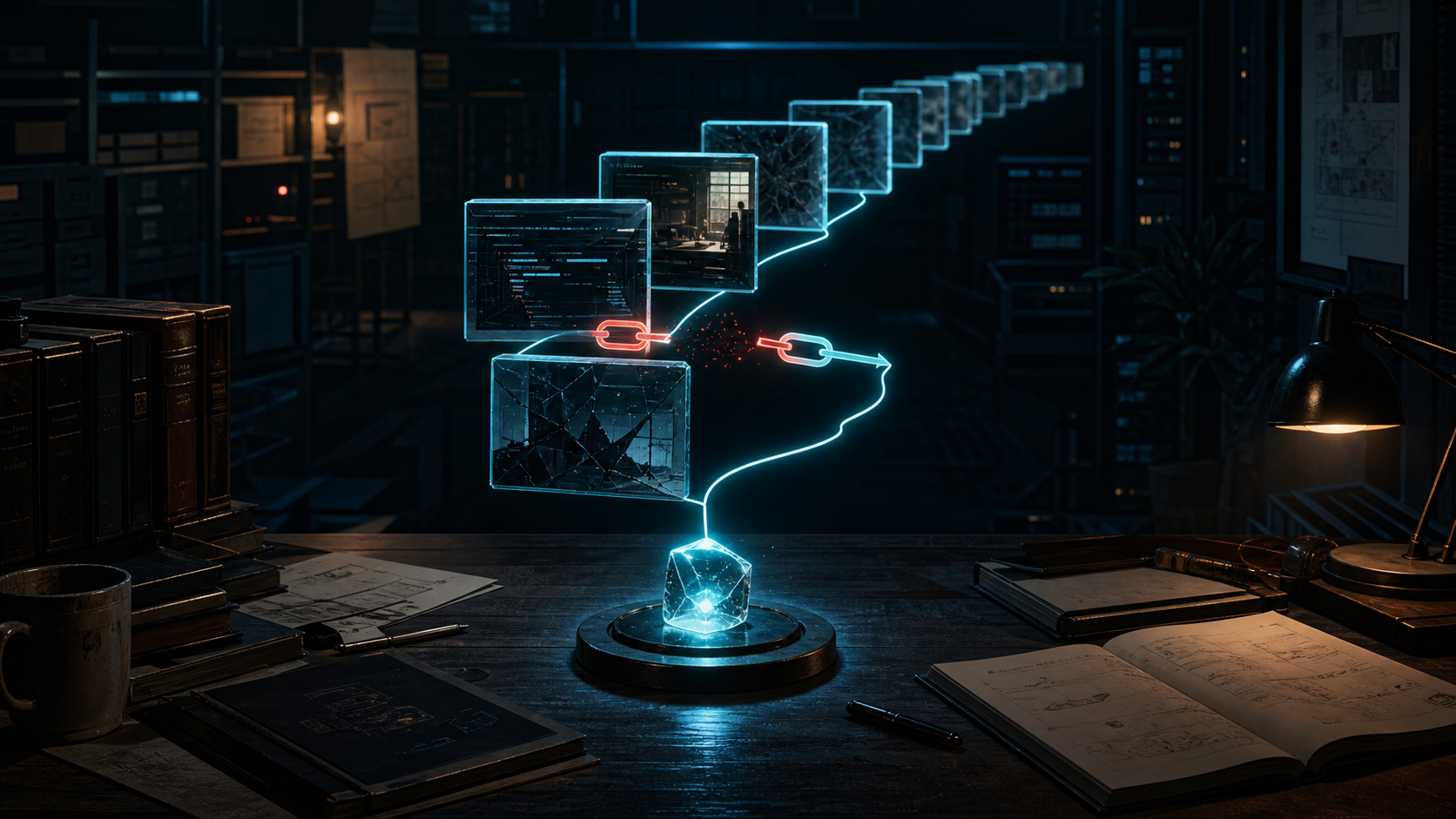 A retrieved memory traced backward through archived sessions and code states, with one repaired broken link