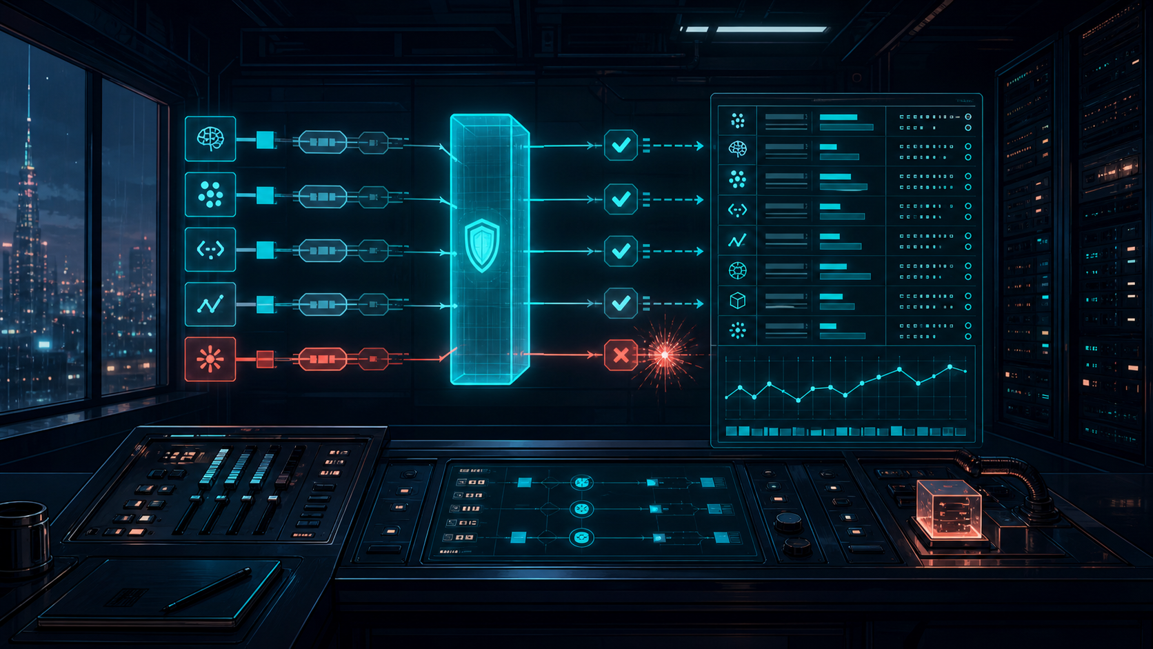 A controlled dispatch console routing agent lanes through a policy gate into a measured usage ledger